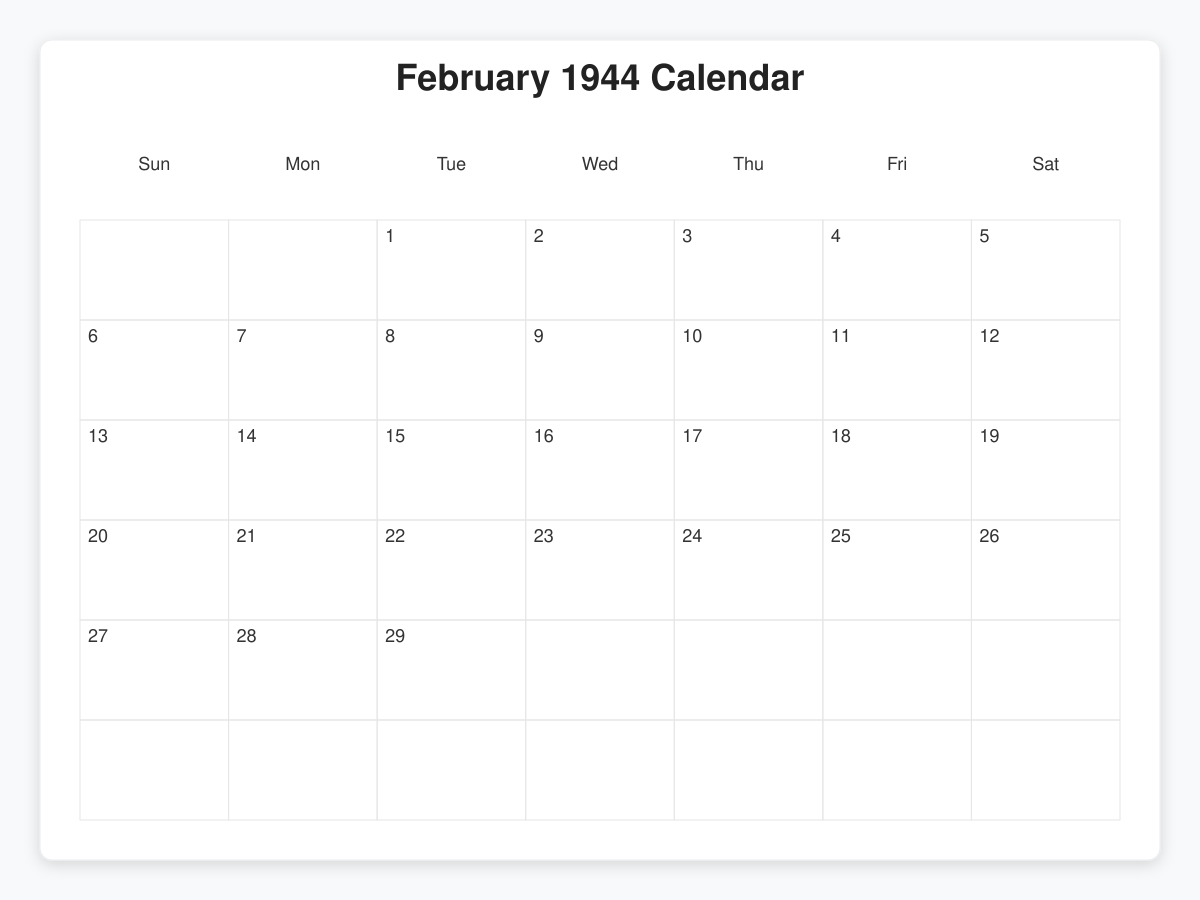 Printable February 1944 Calendars