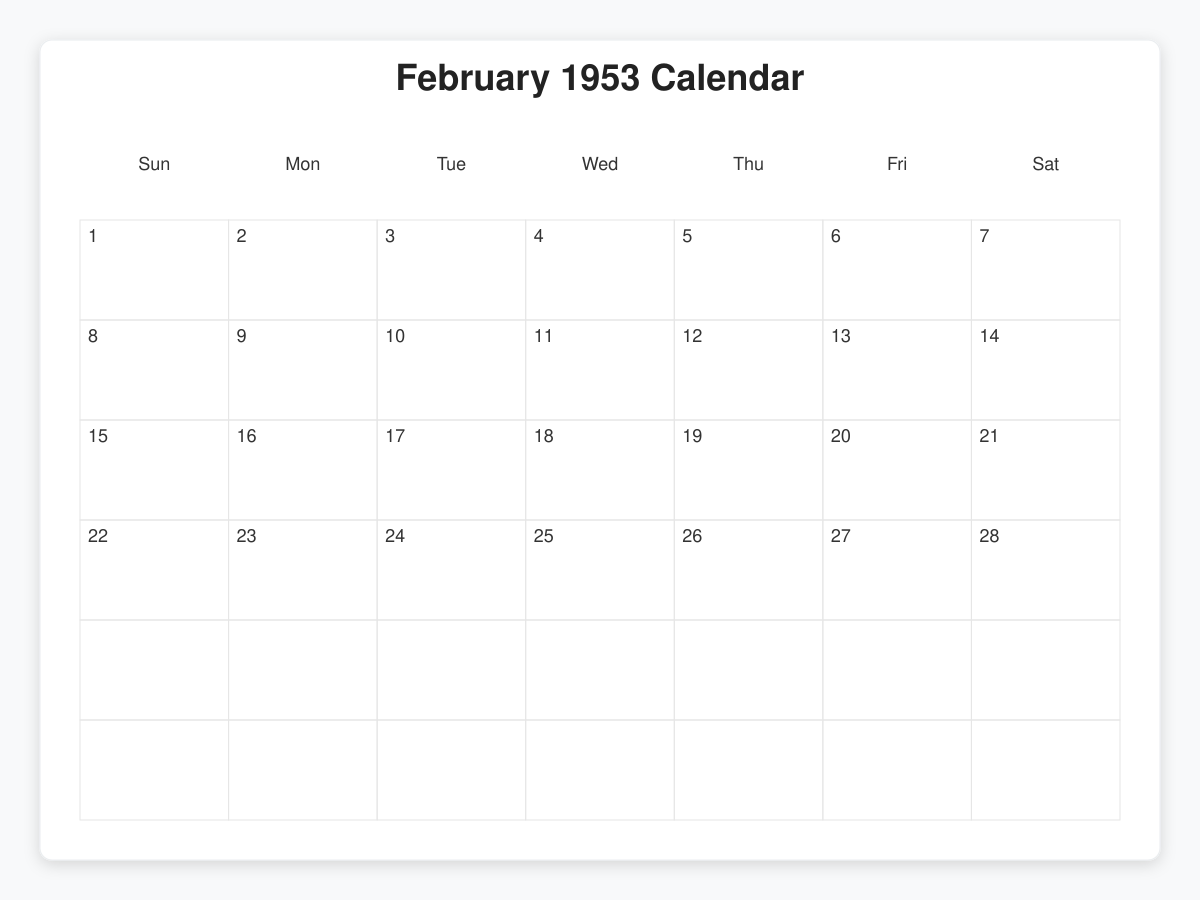 Printable February 1953 Calendars