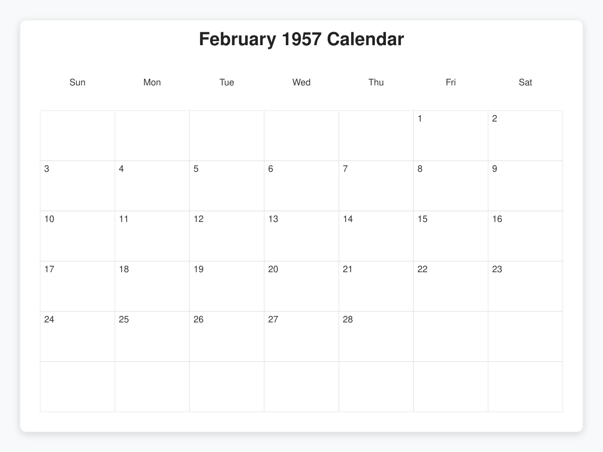 Printable February 1957 Calendars