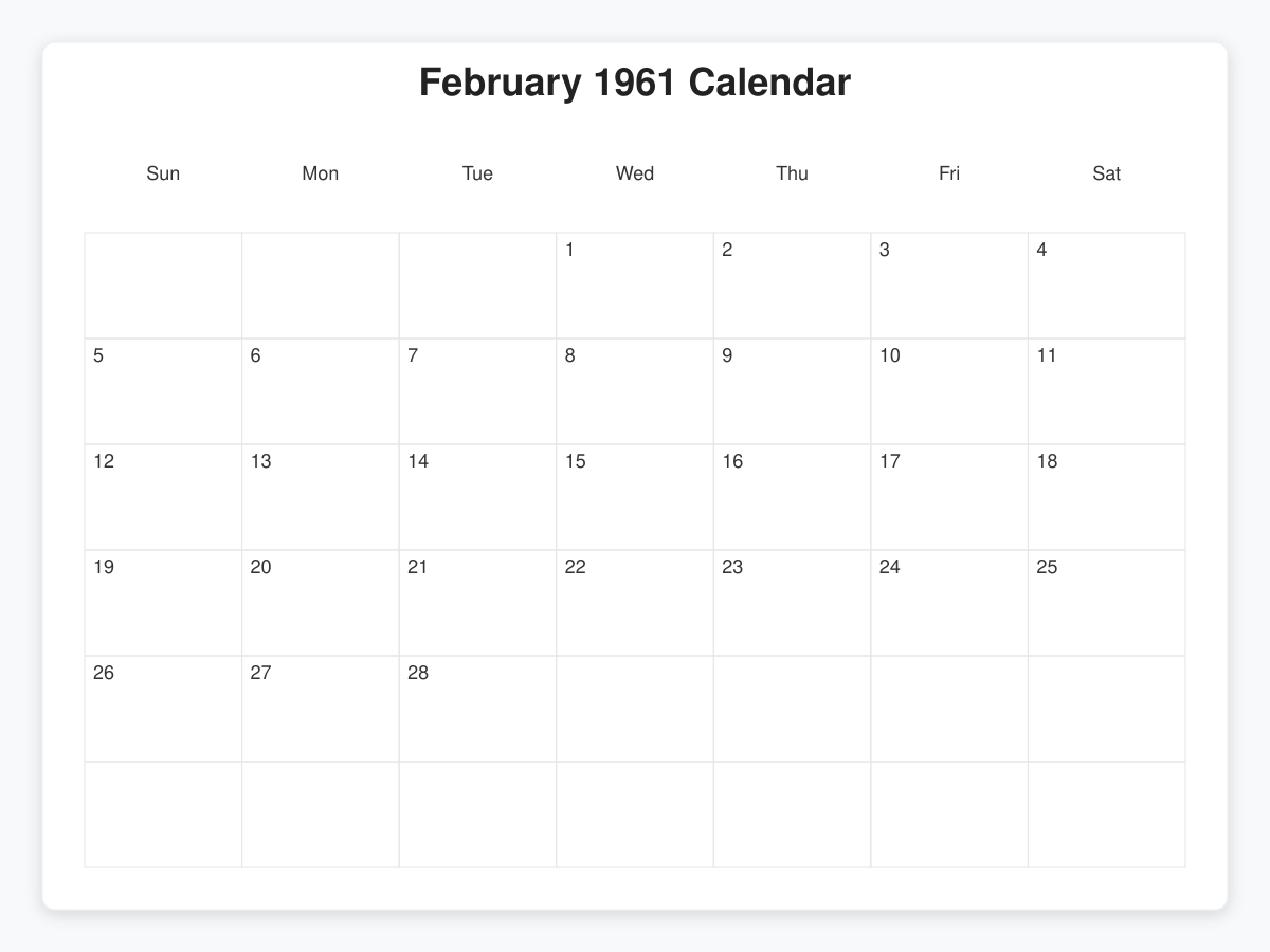 Printable February 1961 Calendars