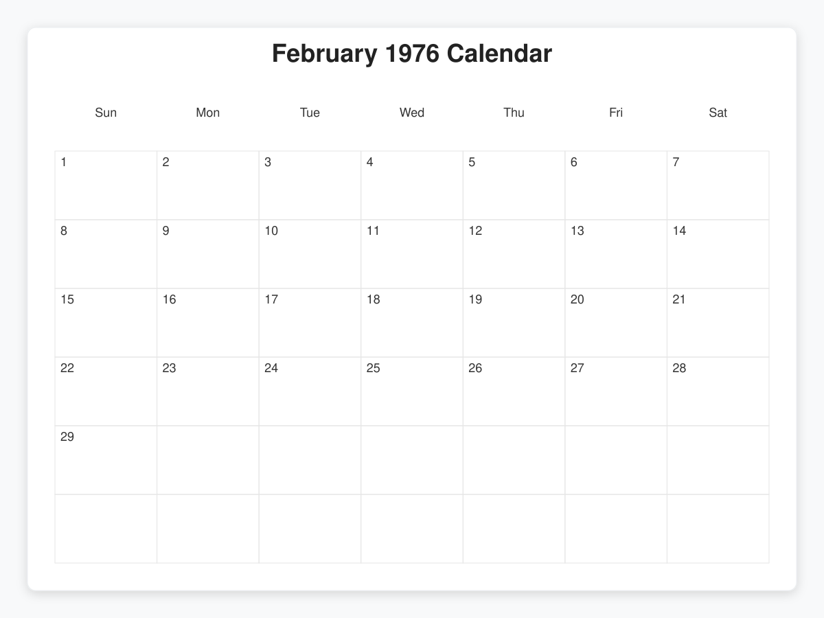 Printable February 1976 Calendars