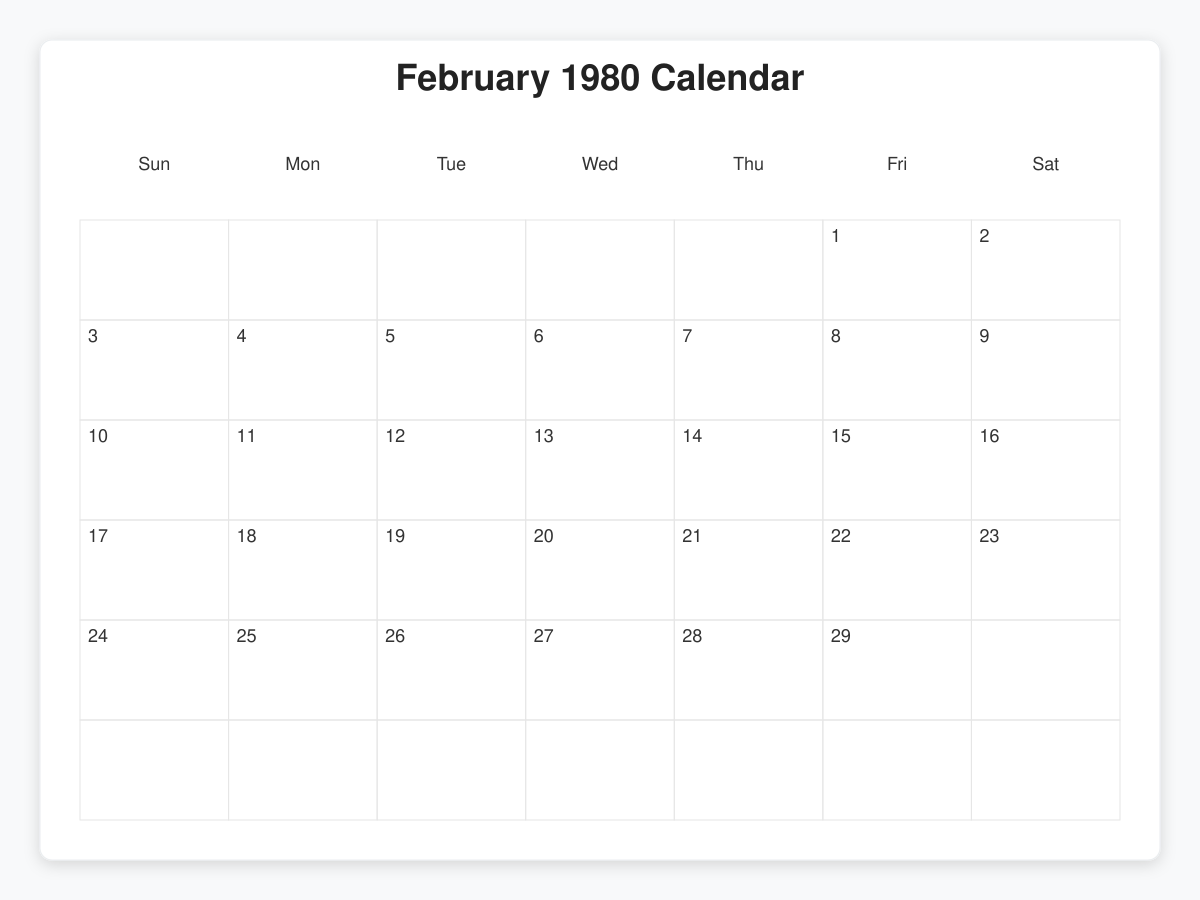 Printable February 1980 Calendars
