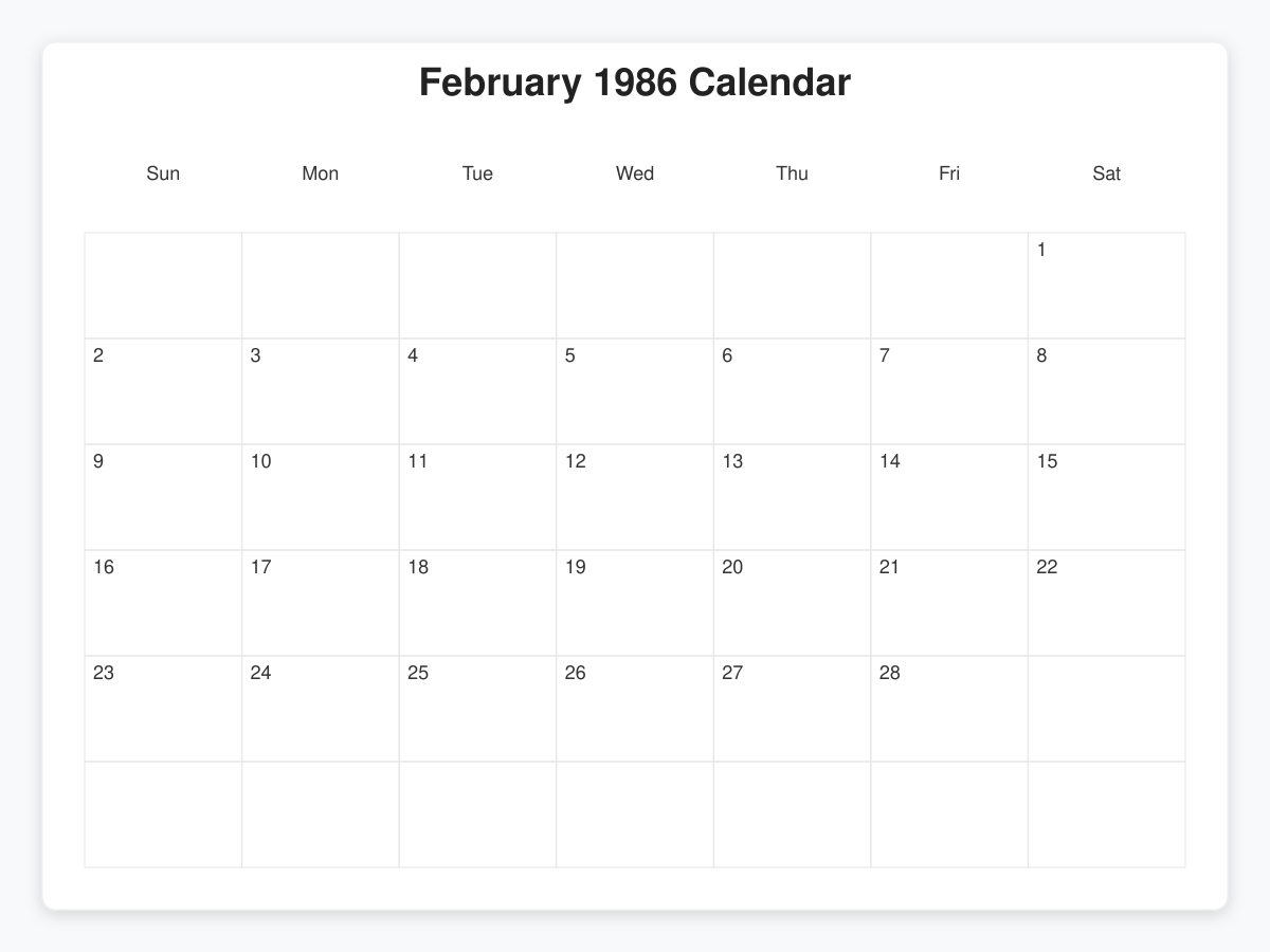 Printable February 1986 Calendars