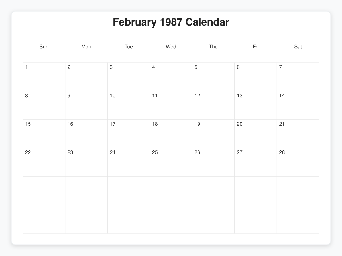 Printable February 1987 Calendars