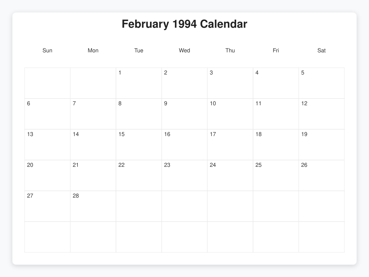 Printable February 1994 Calendars