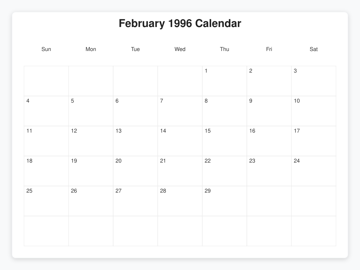 Printable February 1996 Calendars