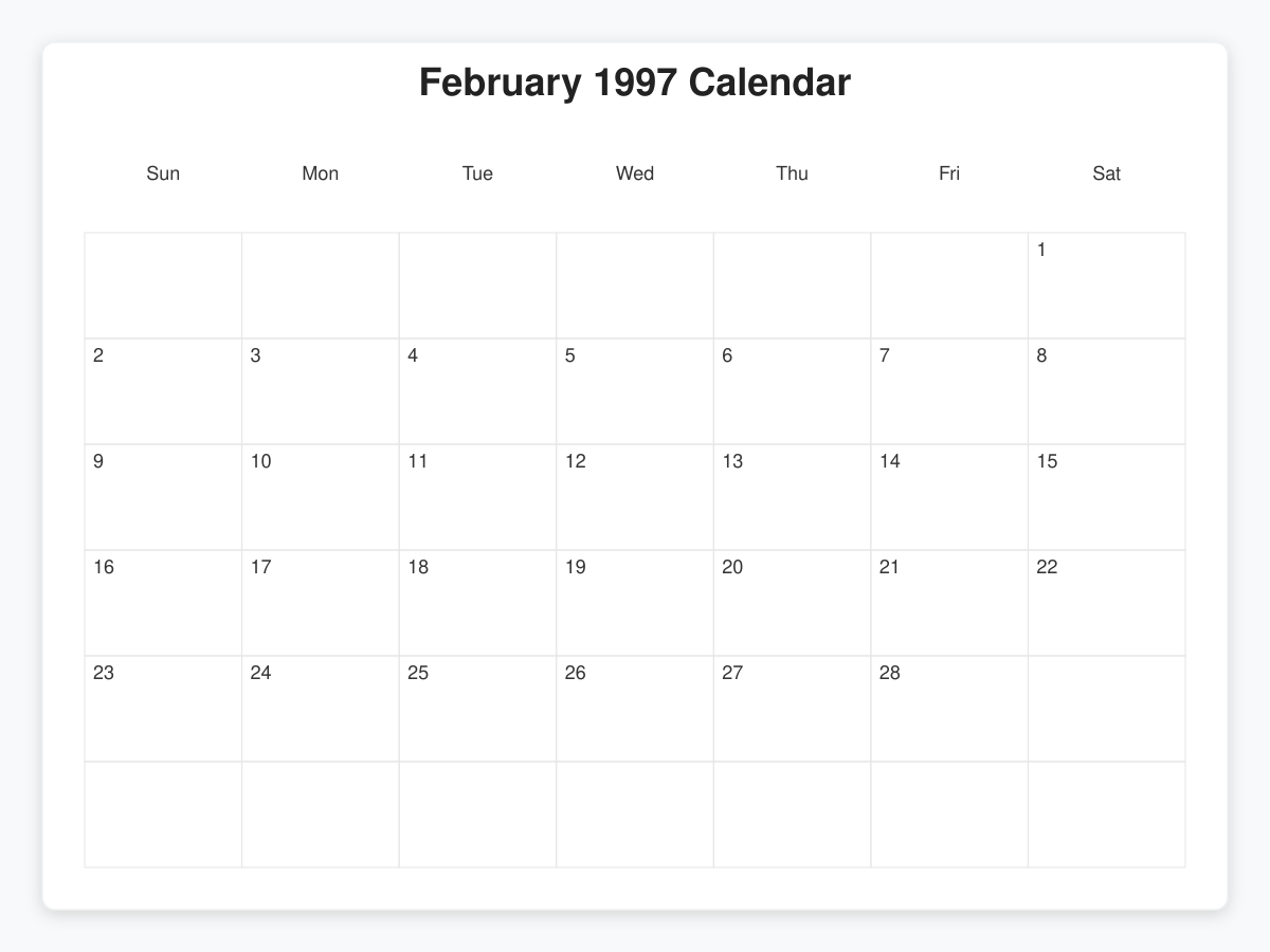 Printable February 1997 Calendars