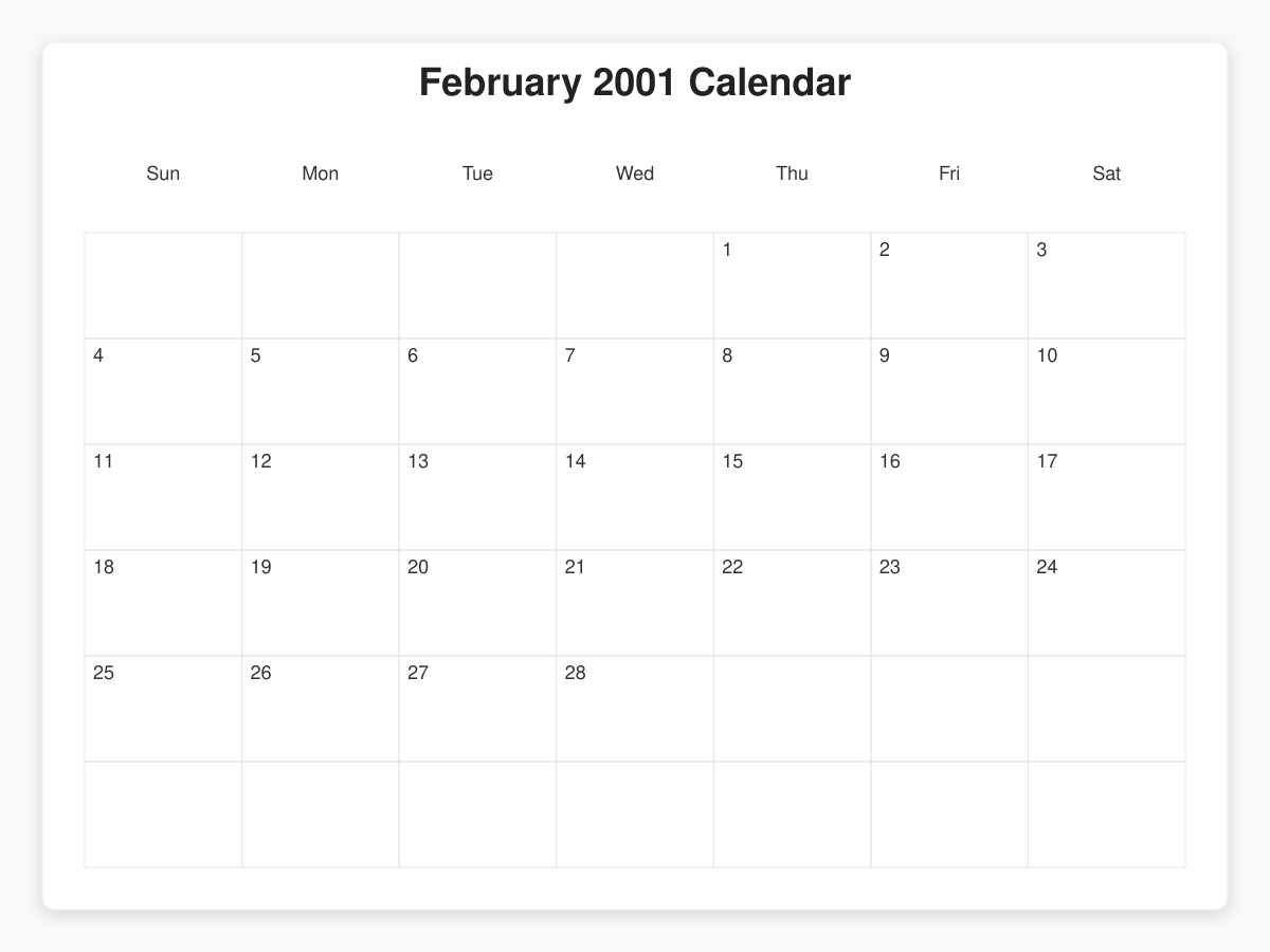 Printable February 2001 Calendars