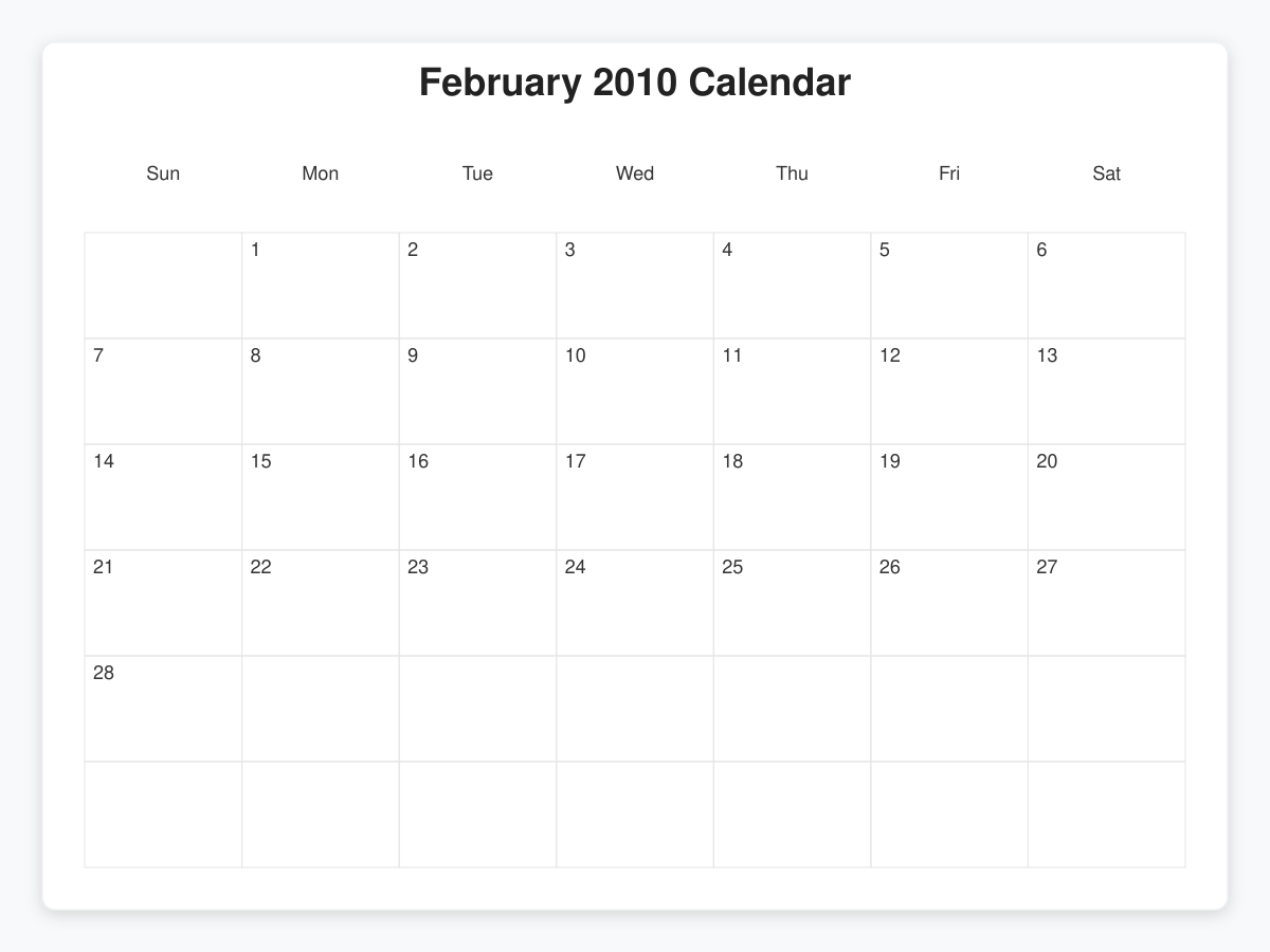 Printable February 2010 Calendars