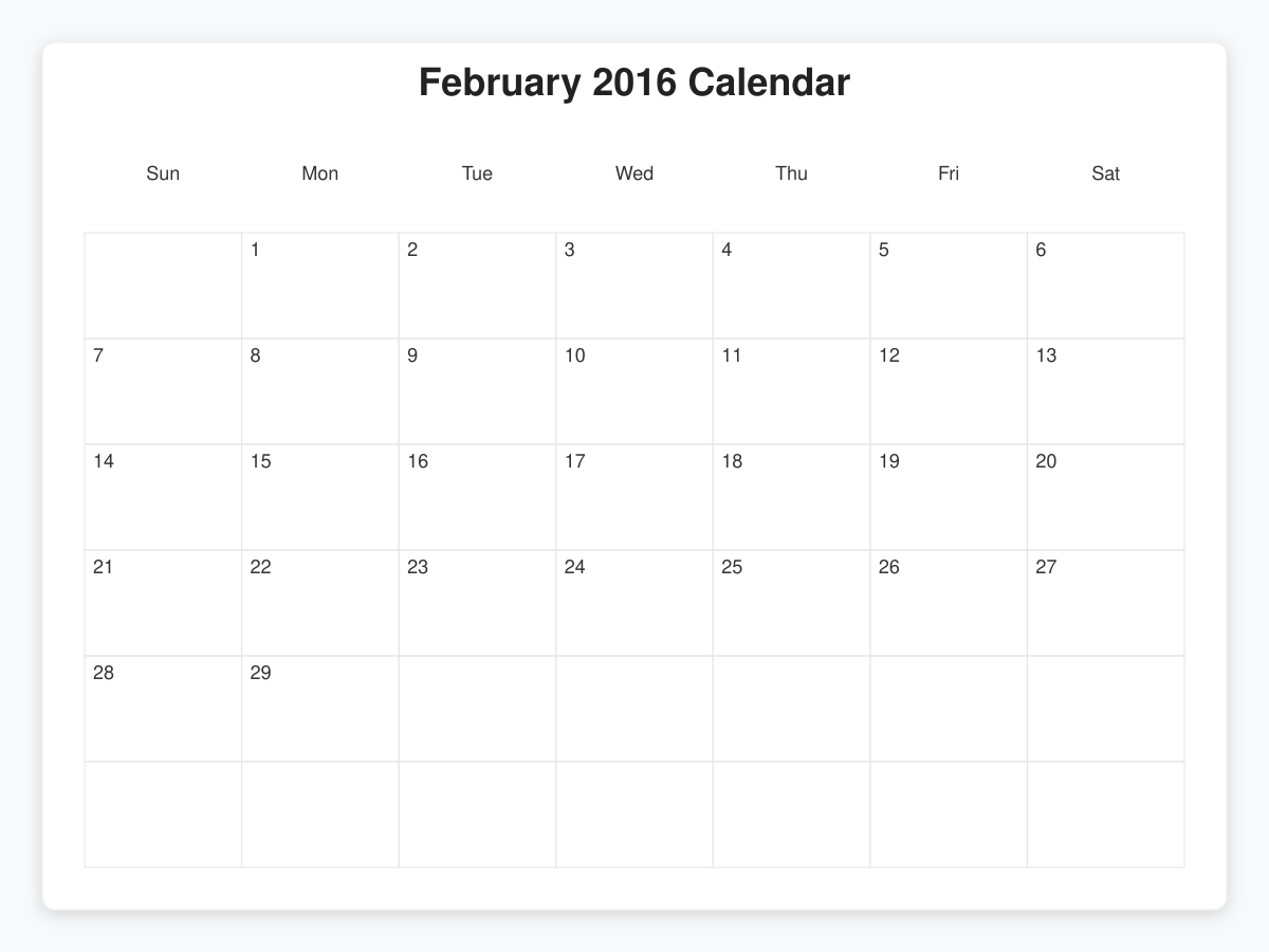 Printable February 2016 Calendars