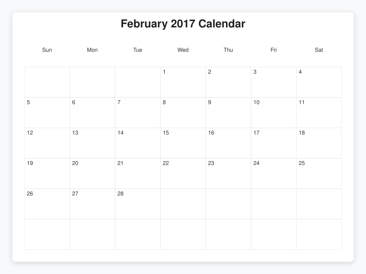 Printable February 2017 Calendars