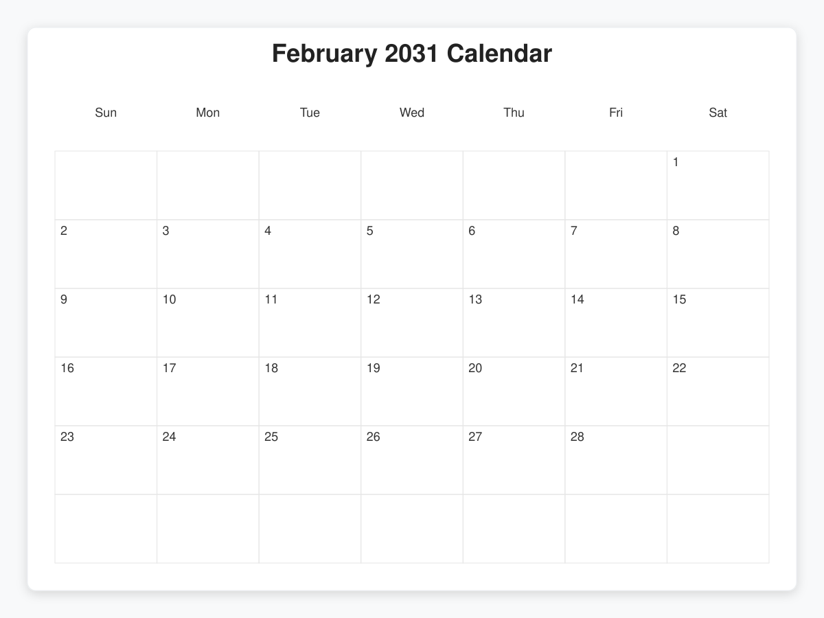 Printable February 2031 Calendars