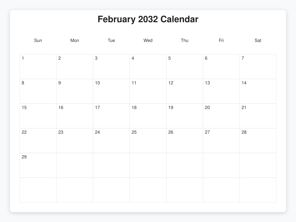 Printable February 2032 Calendars
