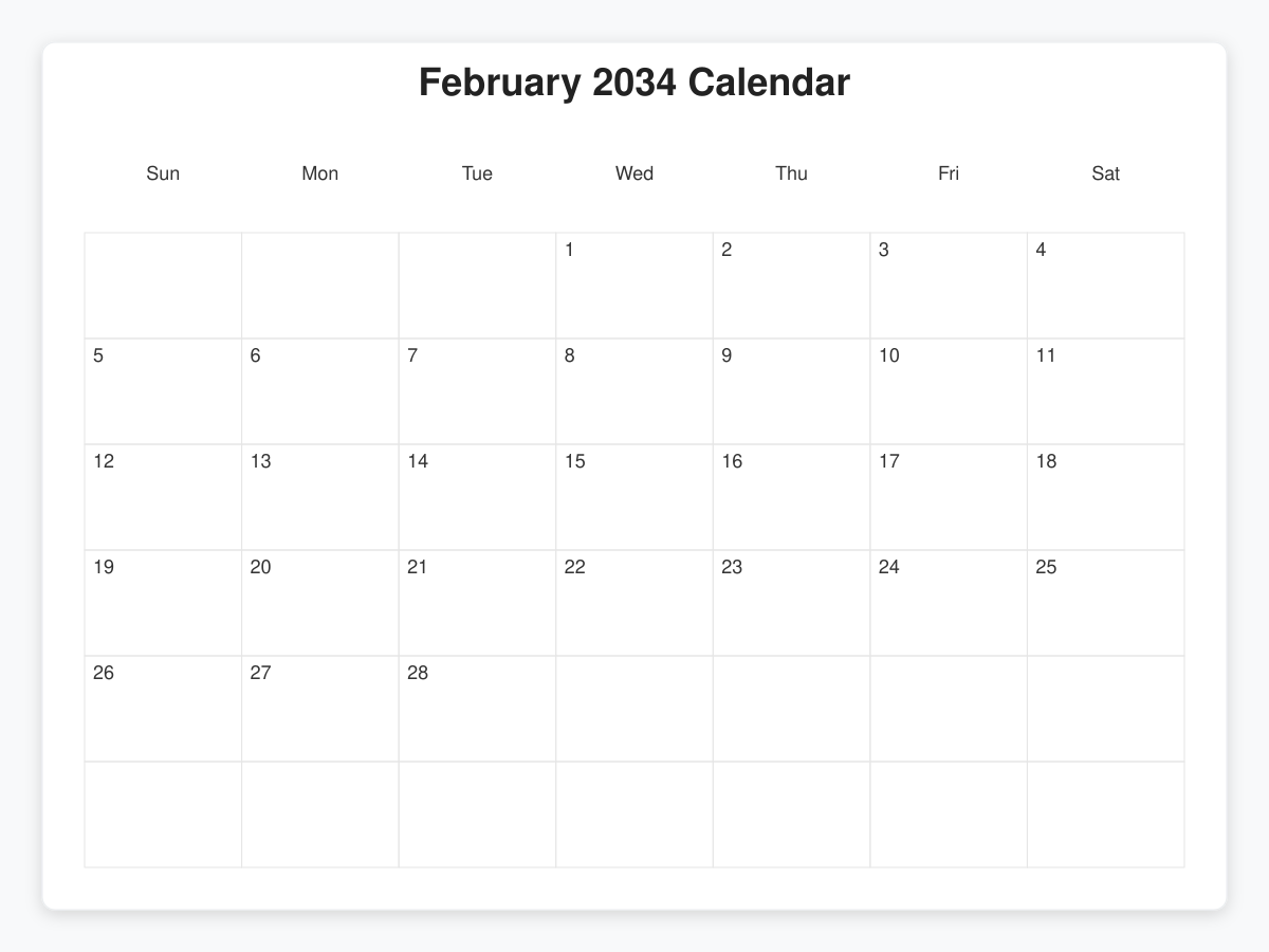 Printable February 2034 Calendars