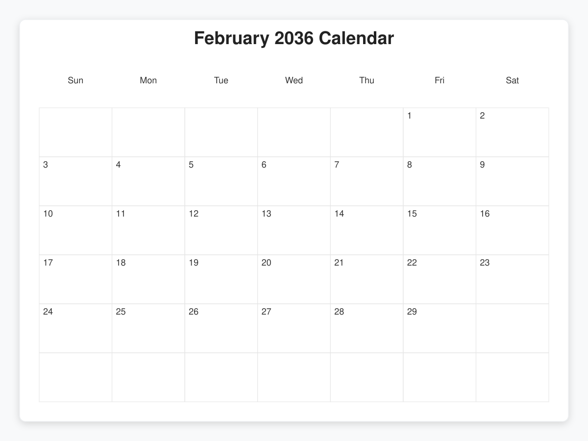 Printable February 2036 Calendars