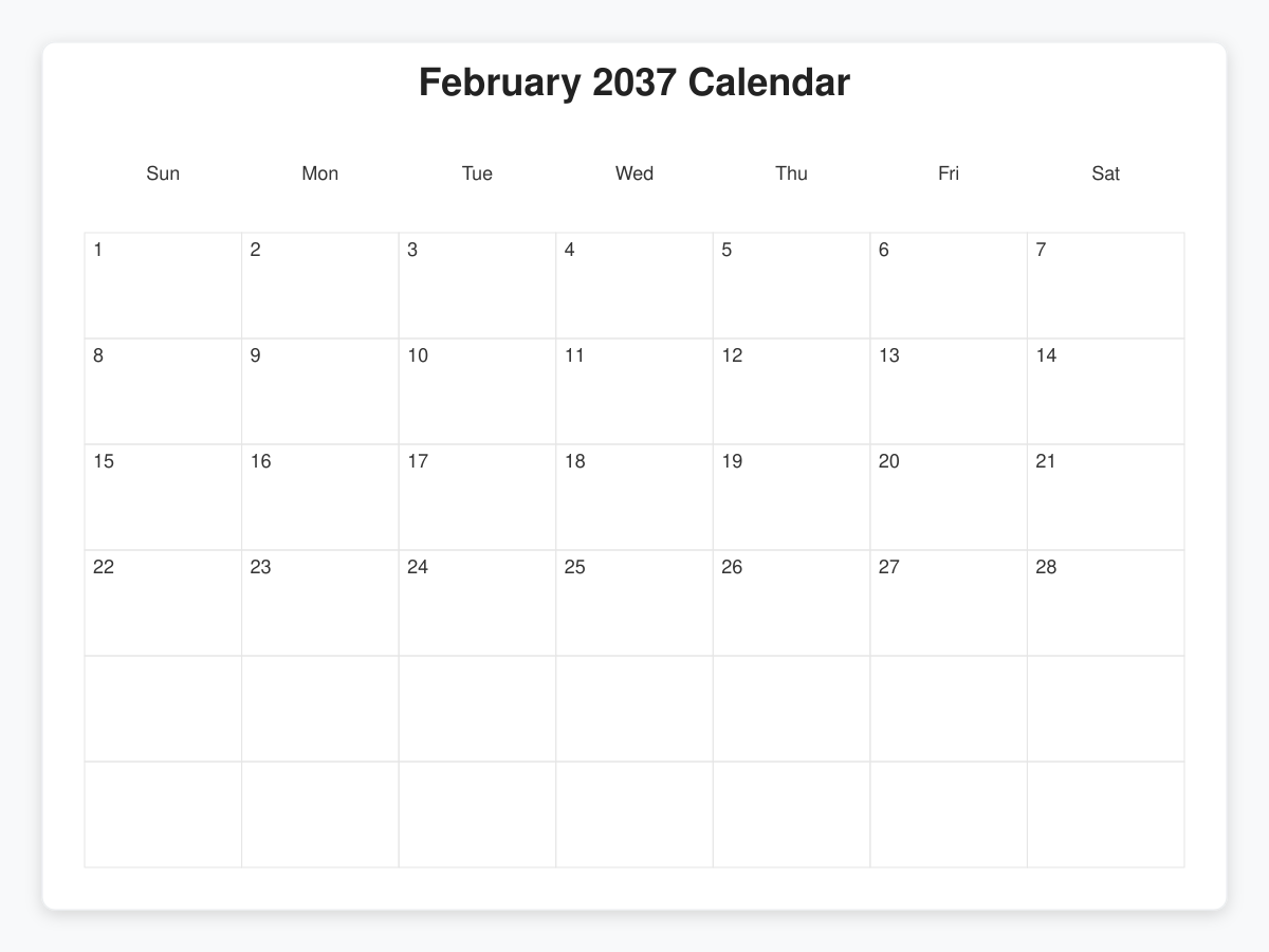 Printable February 2037 Calendars