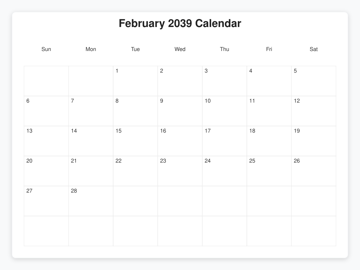 Printable February 2039 Calendars