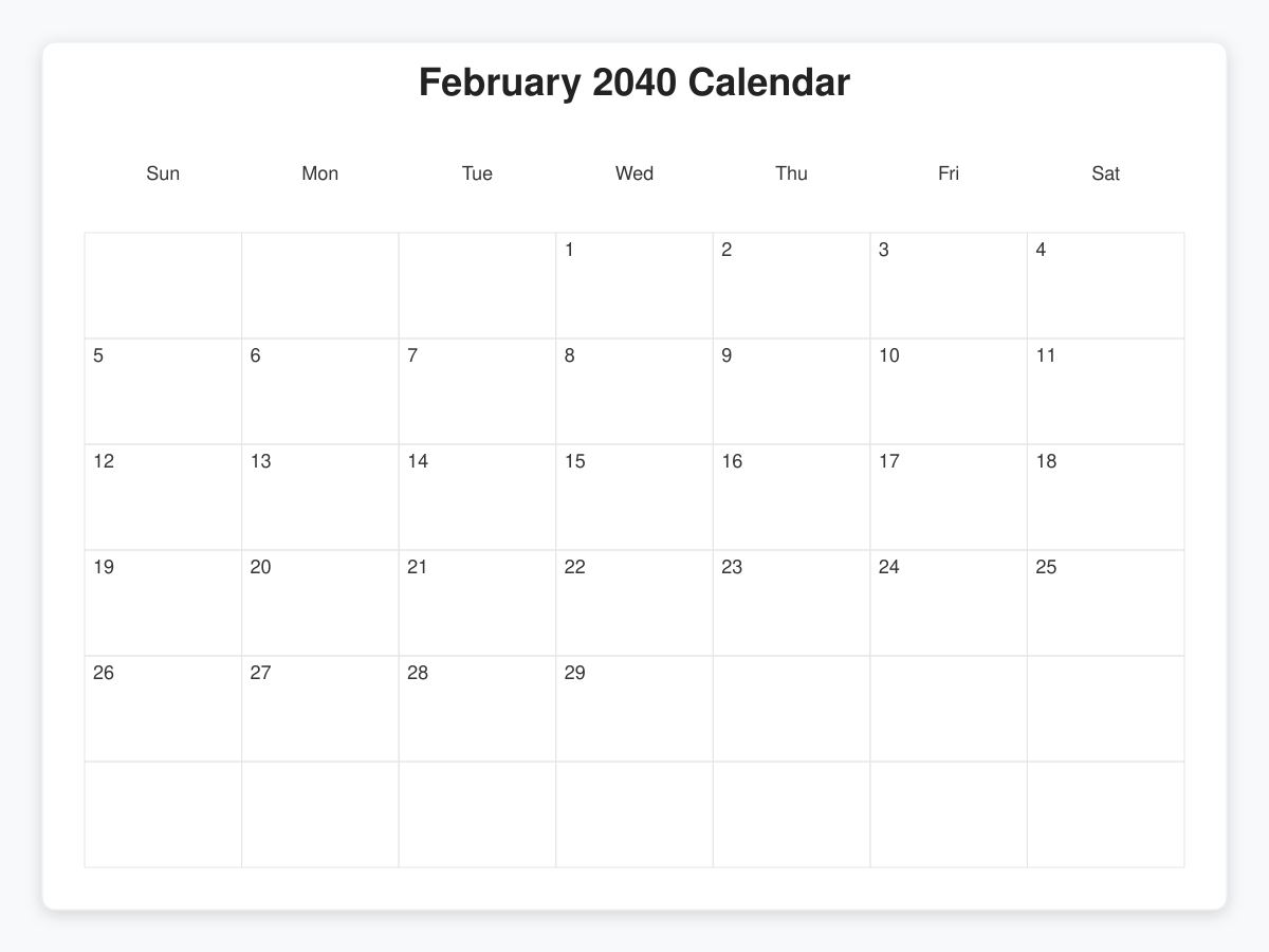 Printable February 2040 Calendars