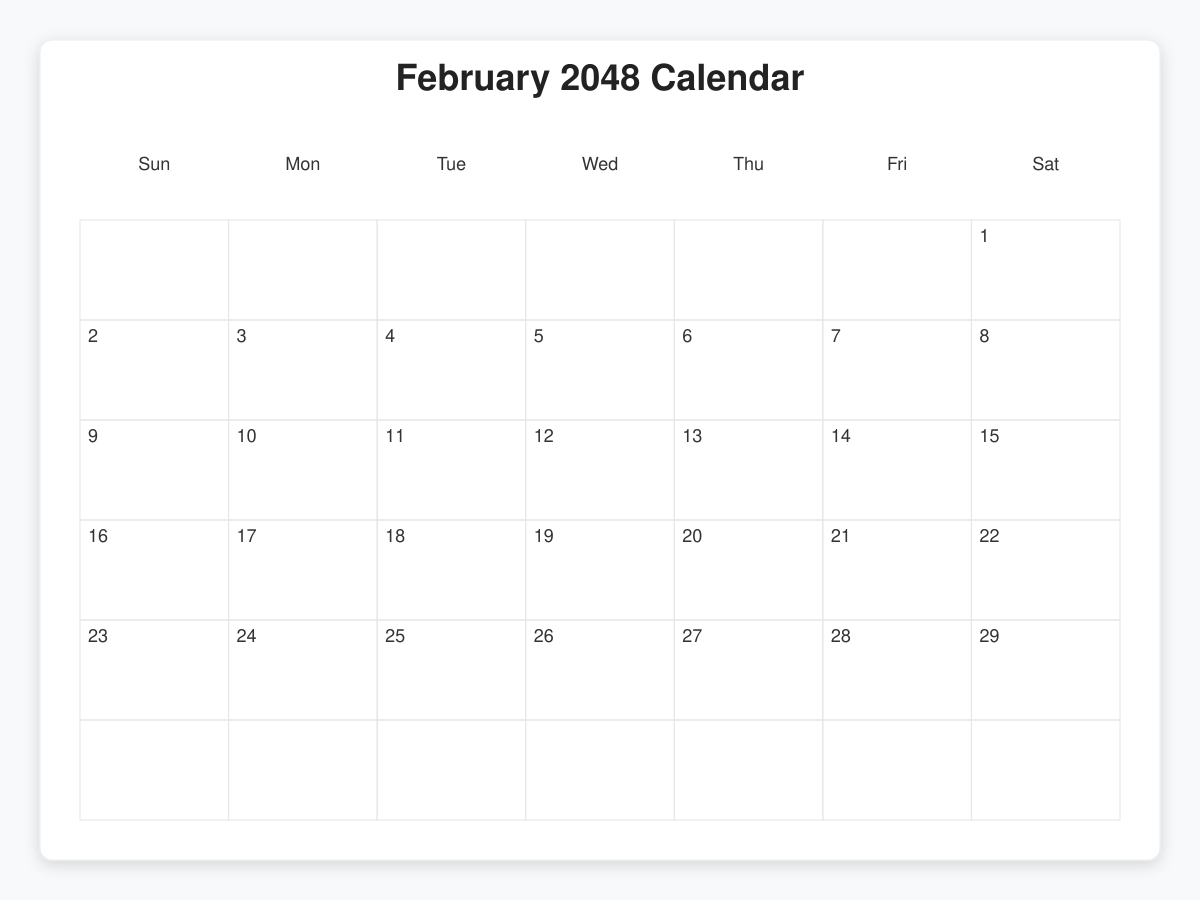 Printable February 2048 Calendars