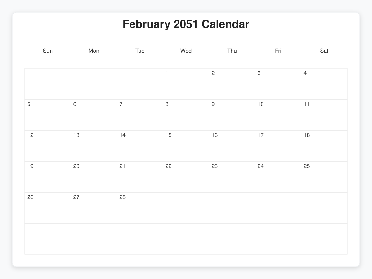 Printable February 2051 Calendars