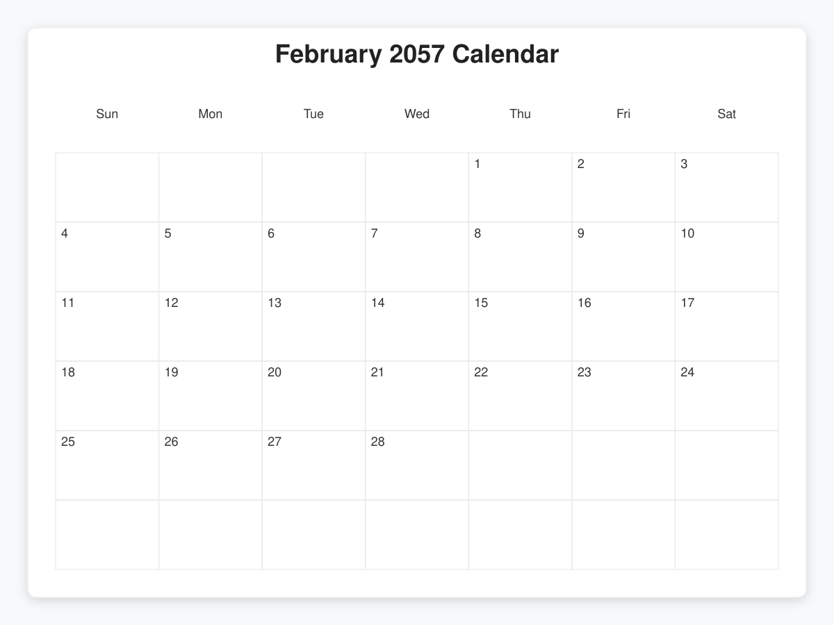 Printable February 2057 Calendars