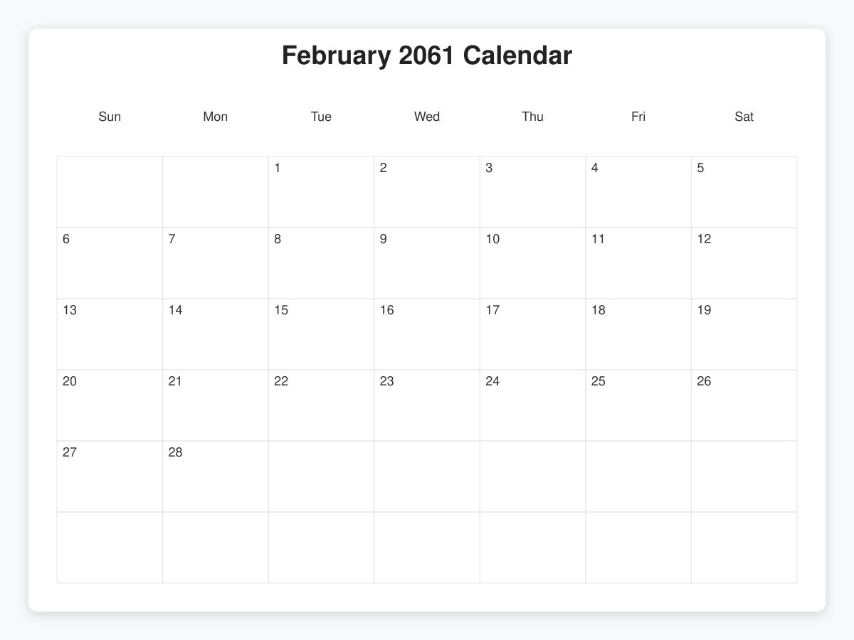 Printable February 2061 Calendars