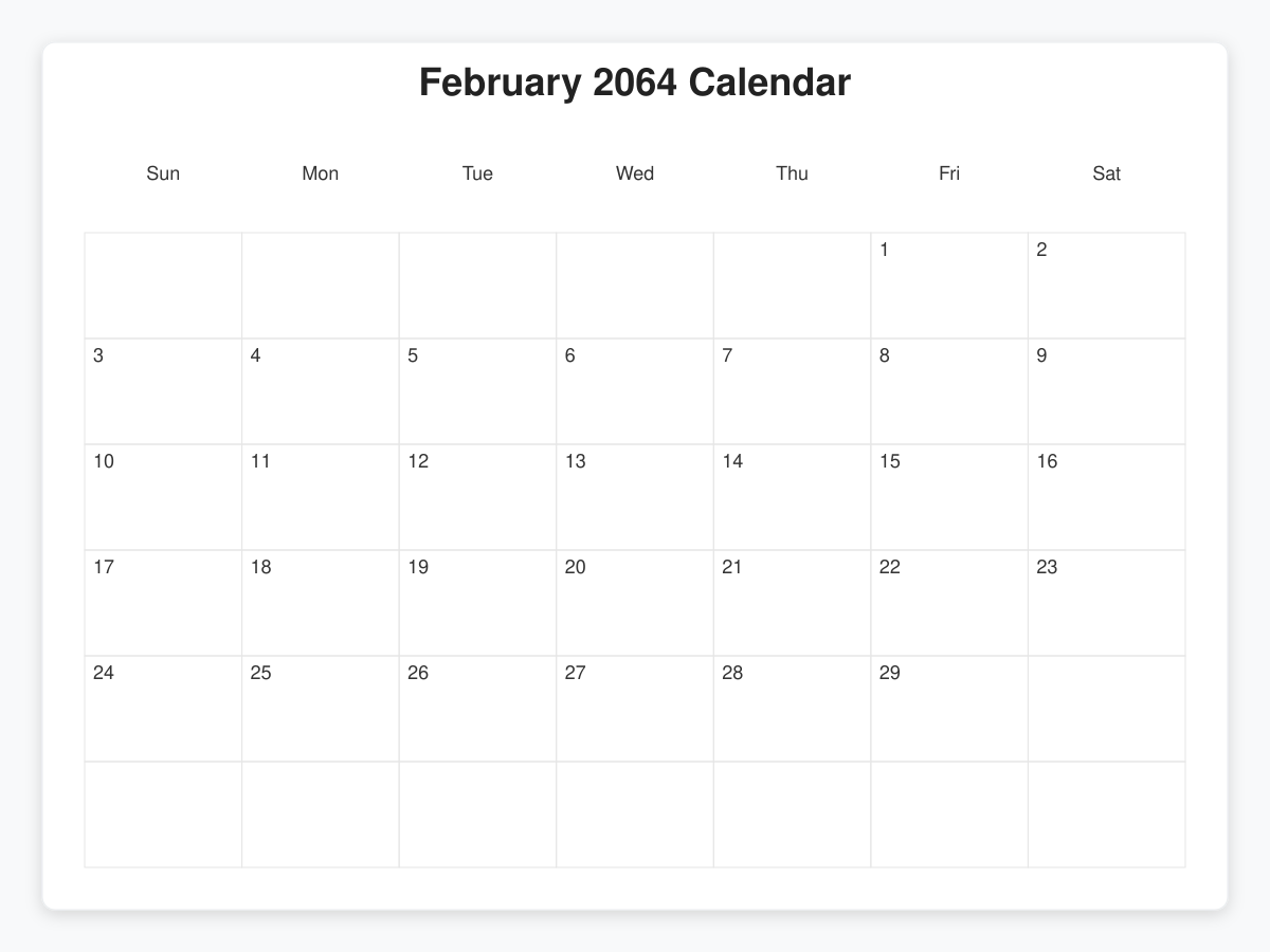 Printable February 2064 Calendars