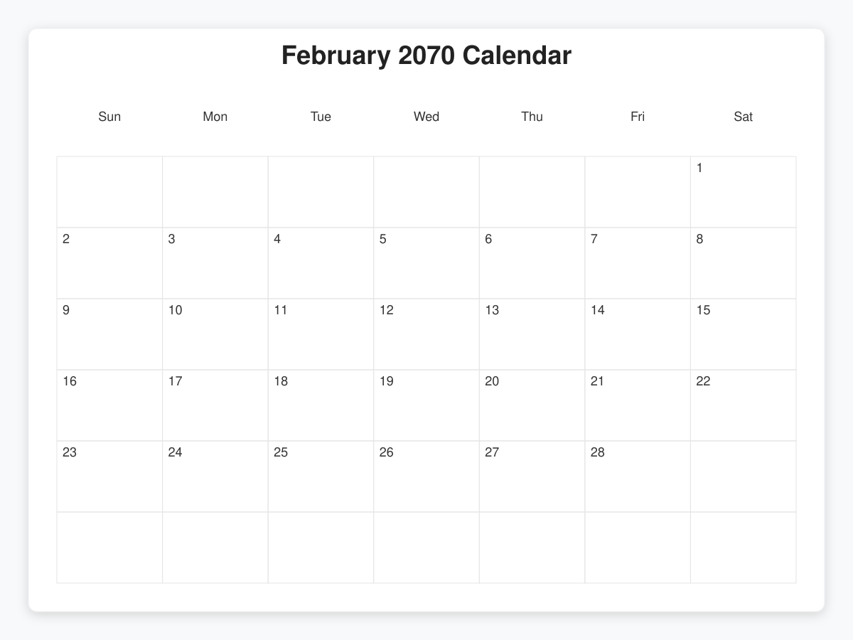 Printable February 2070 Calendars
