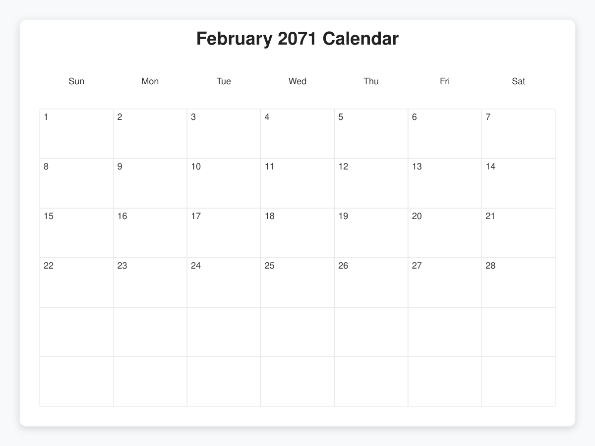 Printable February 2071 Calendars
