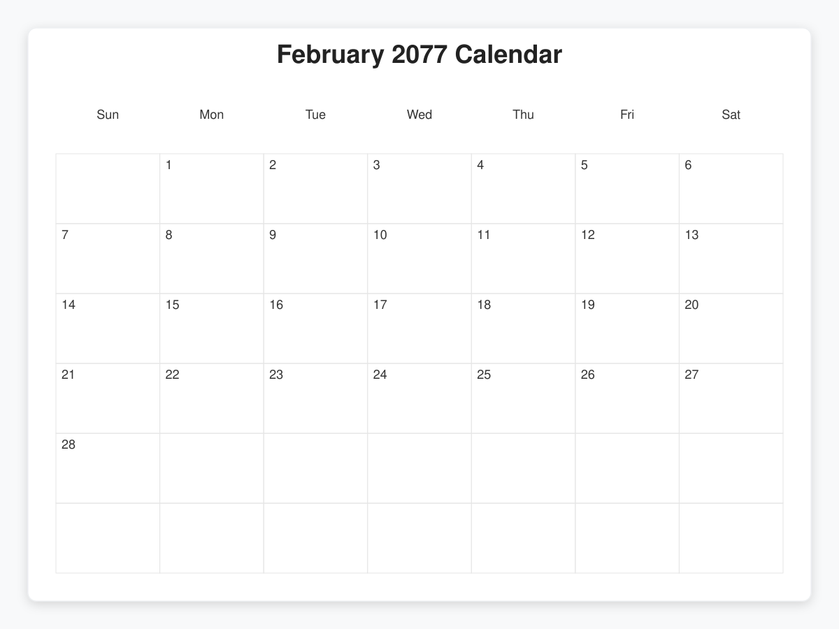 Printable February 2077 Calendars