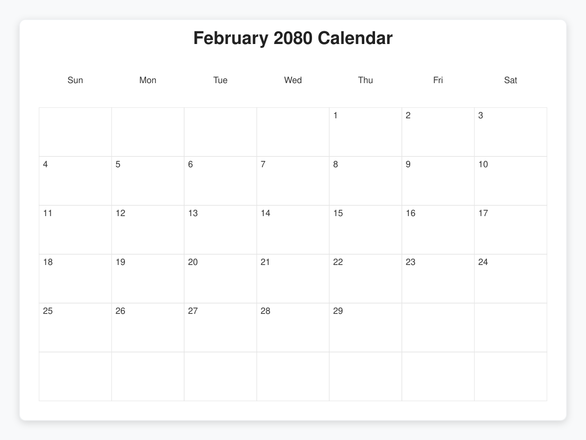 Printable February 2080 Calendars