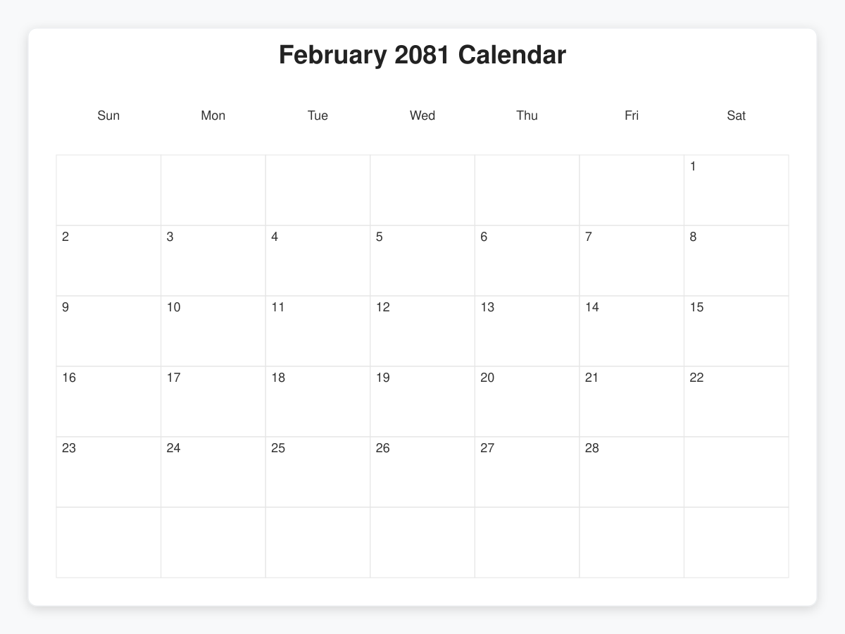 Printable February 2081 Calendars