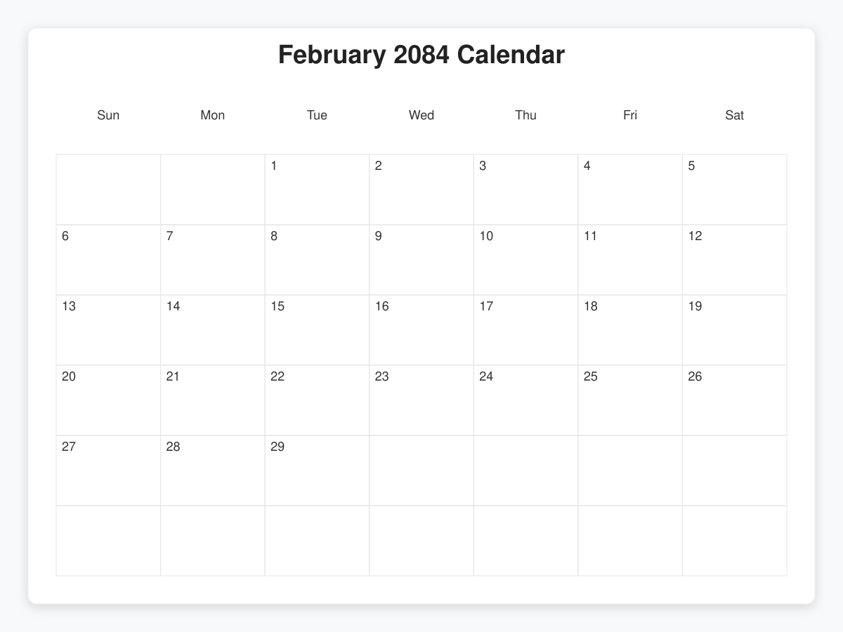 Printable February 2084 Calendars