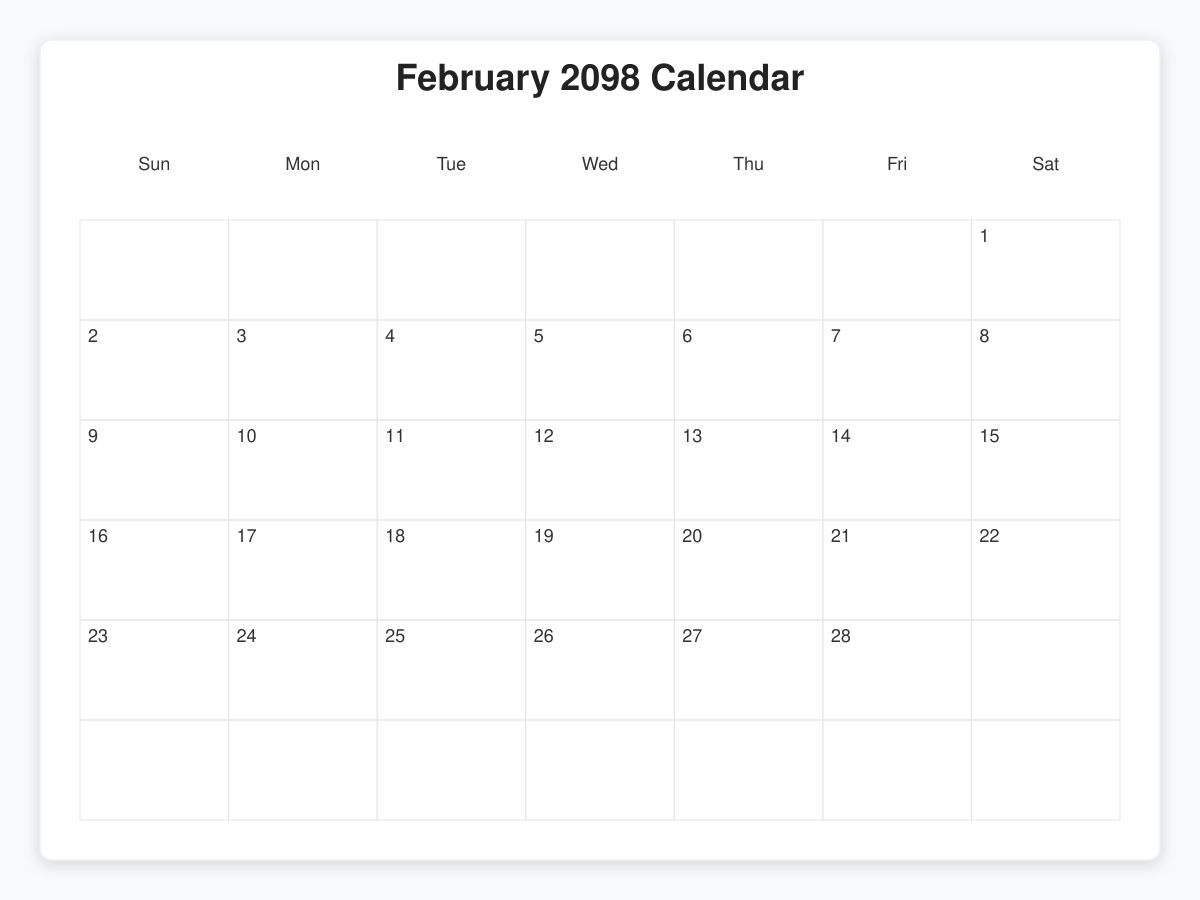 Printable February 2098 Calendars