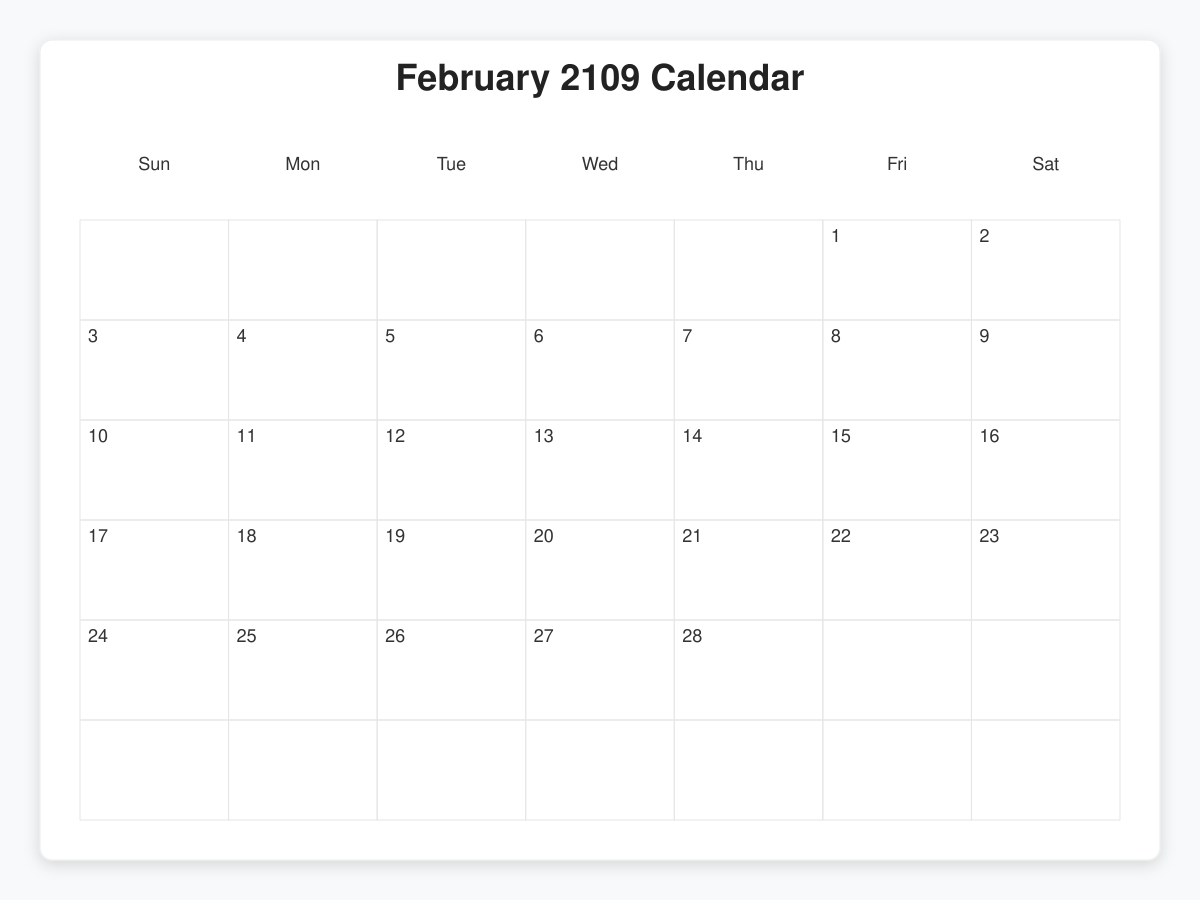 Printable February 2109 Calendars