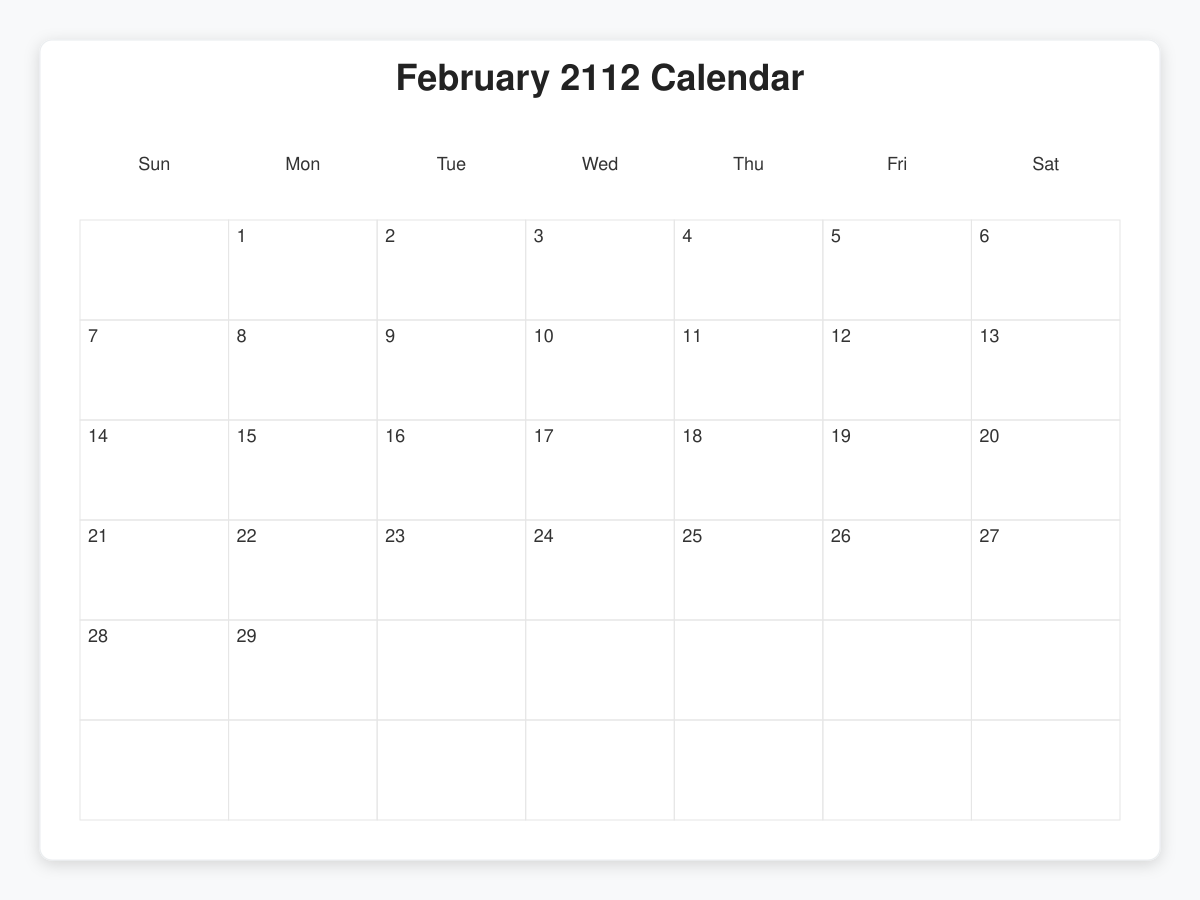 Printable February 2112 Calendars