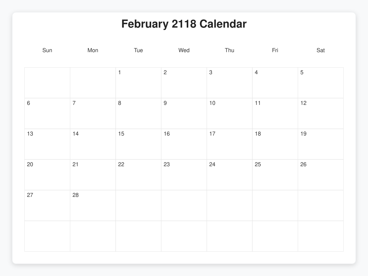 Printable February 2118 Calendars