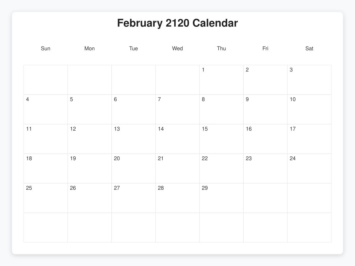 Printable February 2120 Calendars