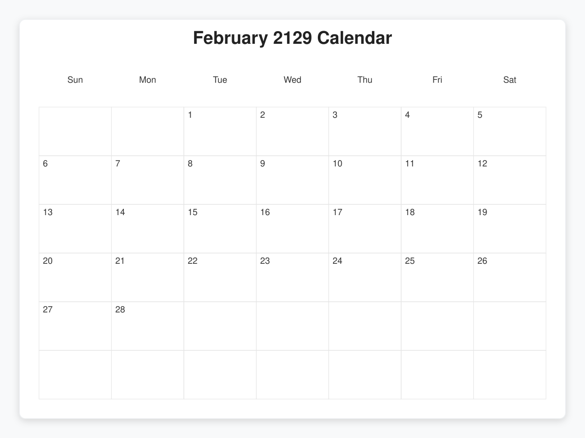 Printable February 2129 Calendars
