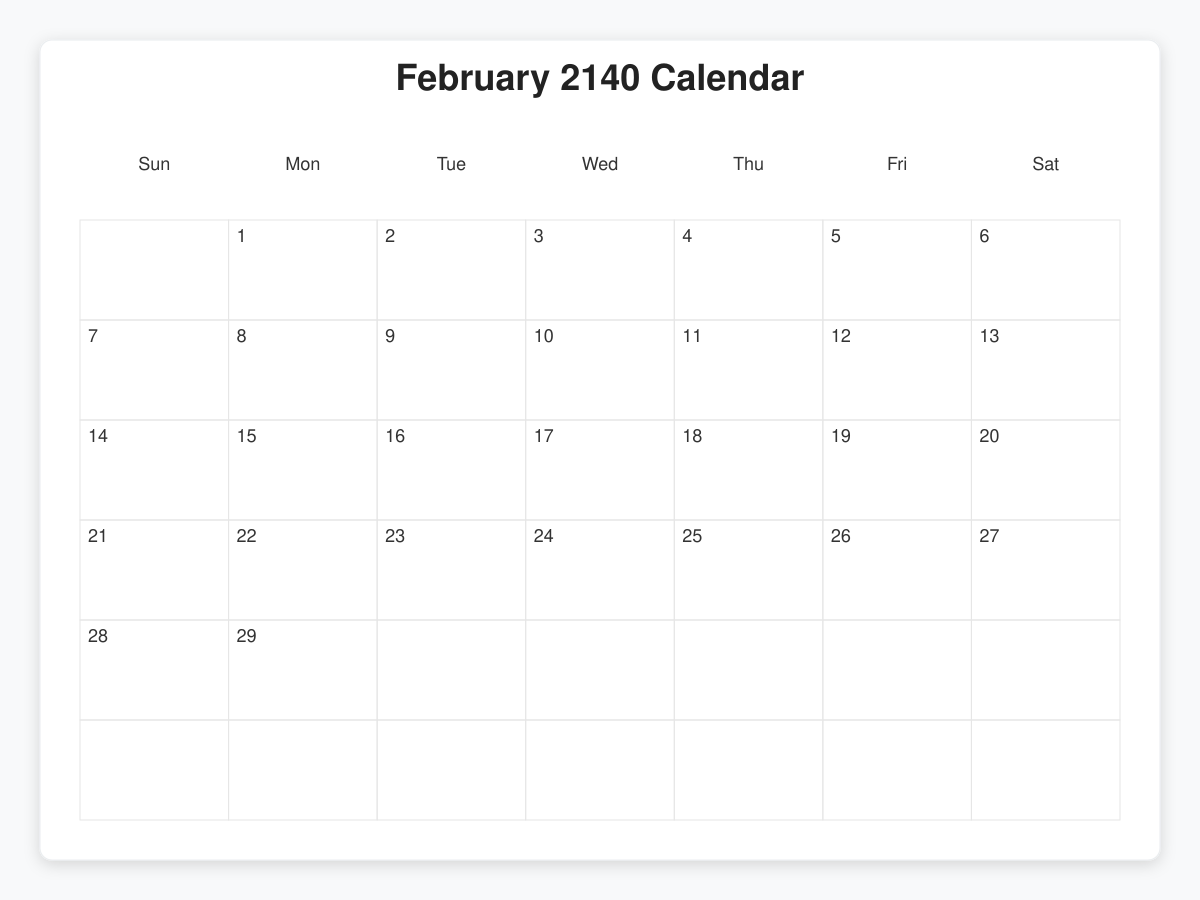 Printable February 2140 Calendars