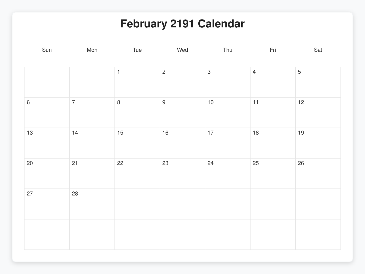 Printable February 2191 Calendars