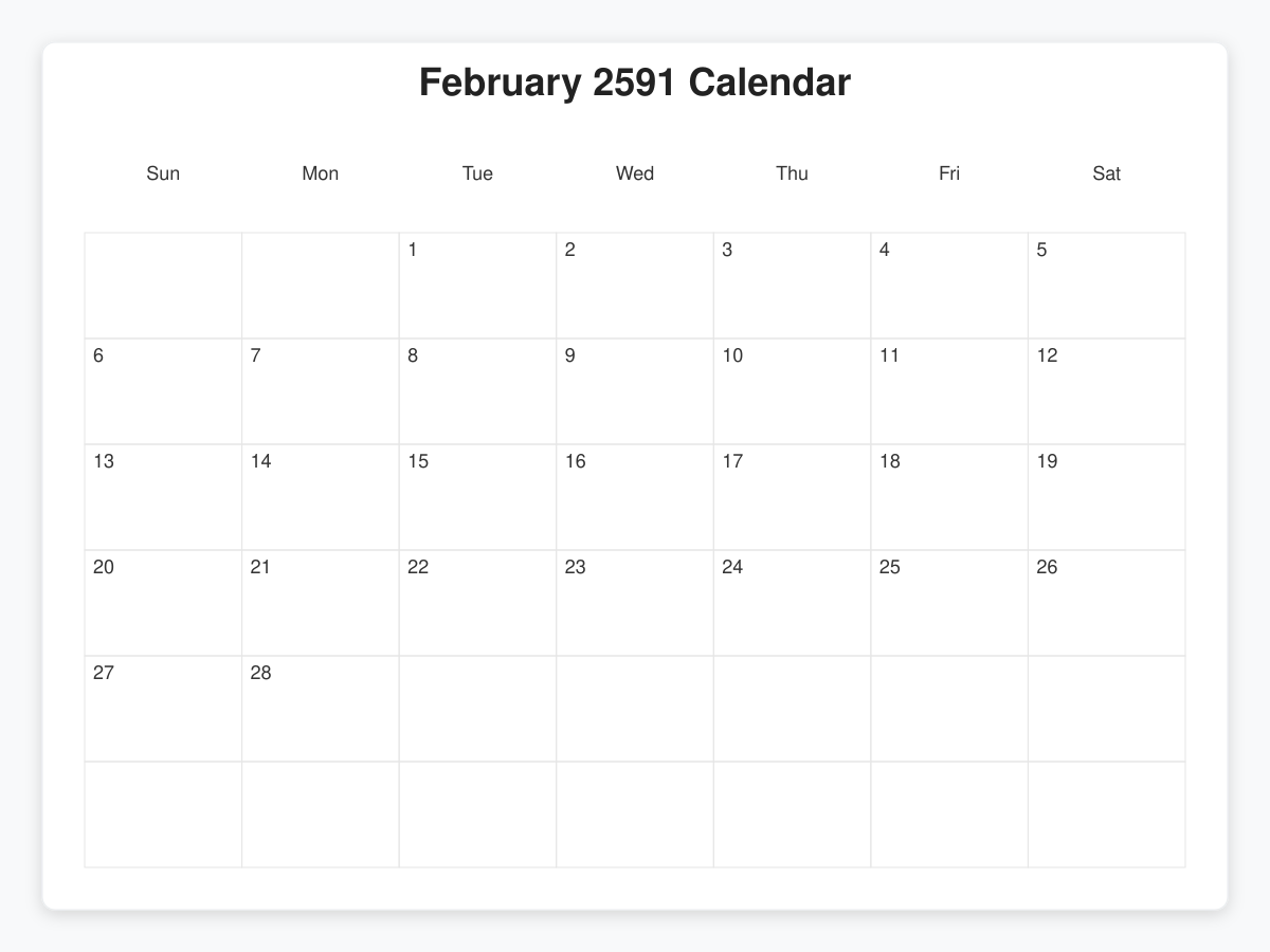 Printable February 2591 Calendars