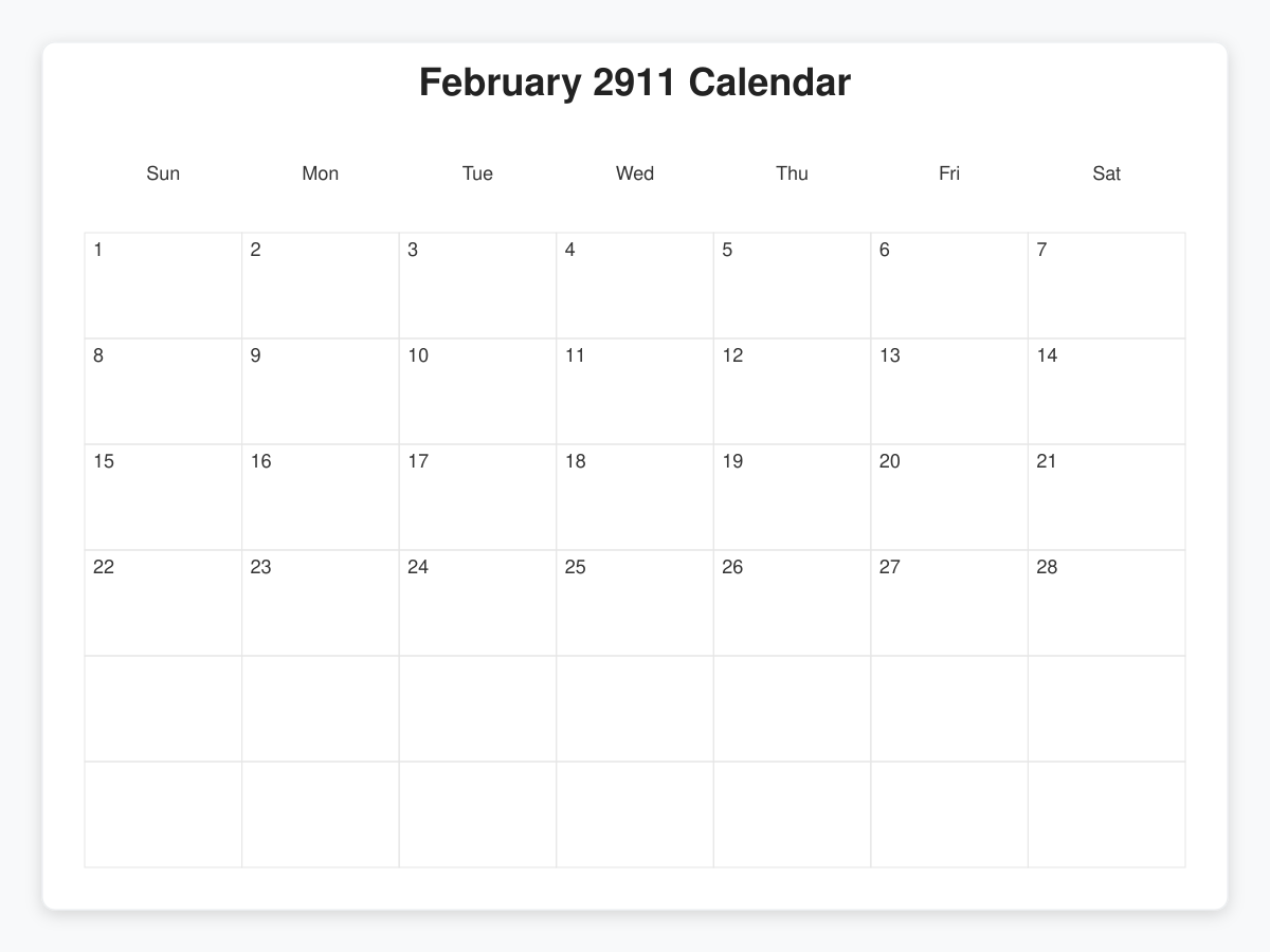 Printable February 2911 Calendars
