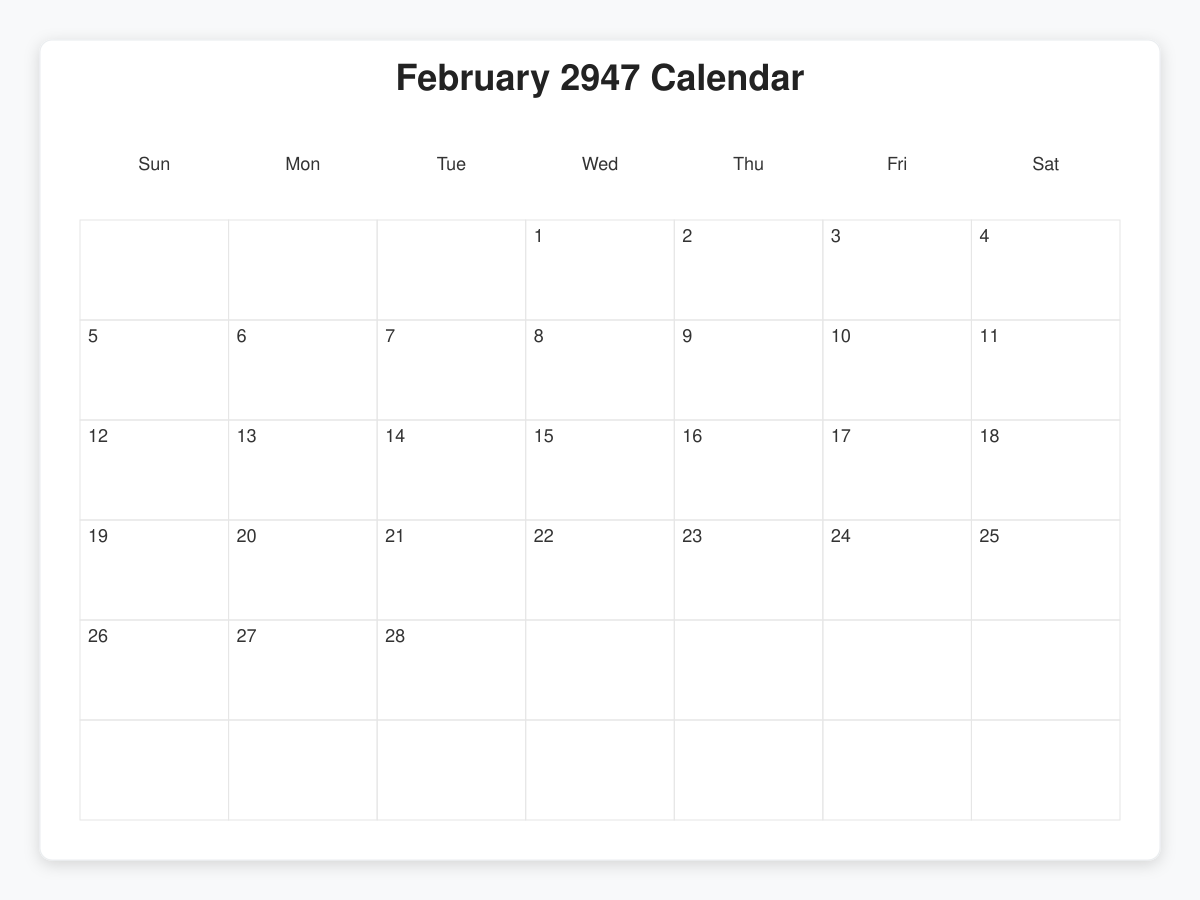 Printable February 2947 Calendars