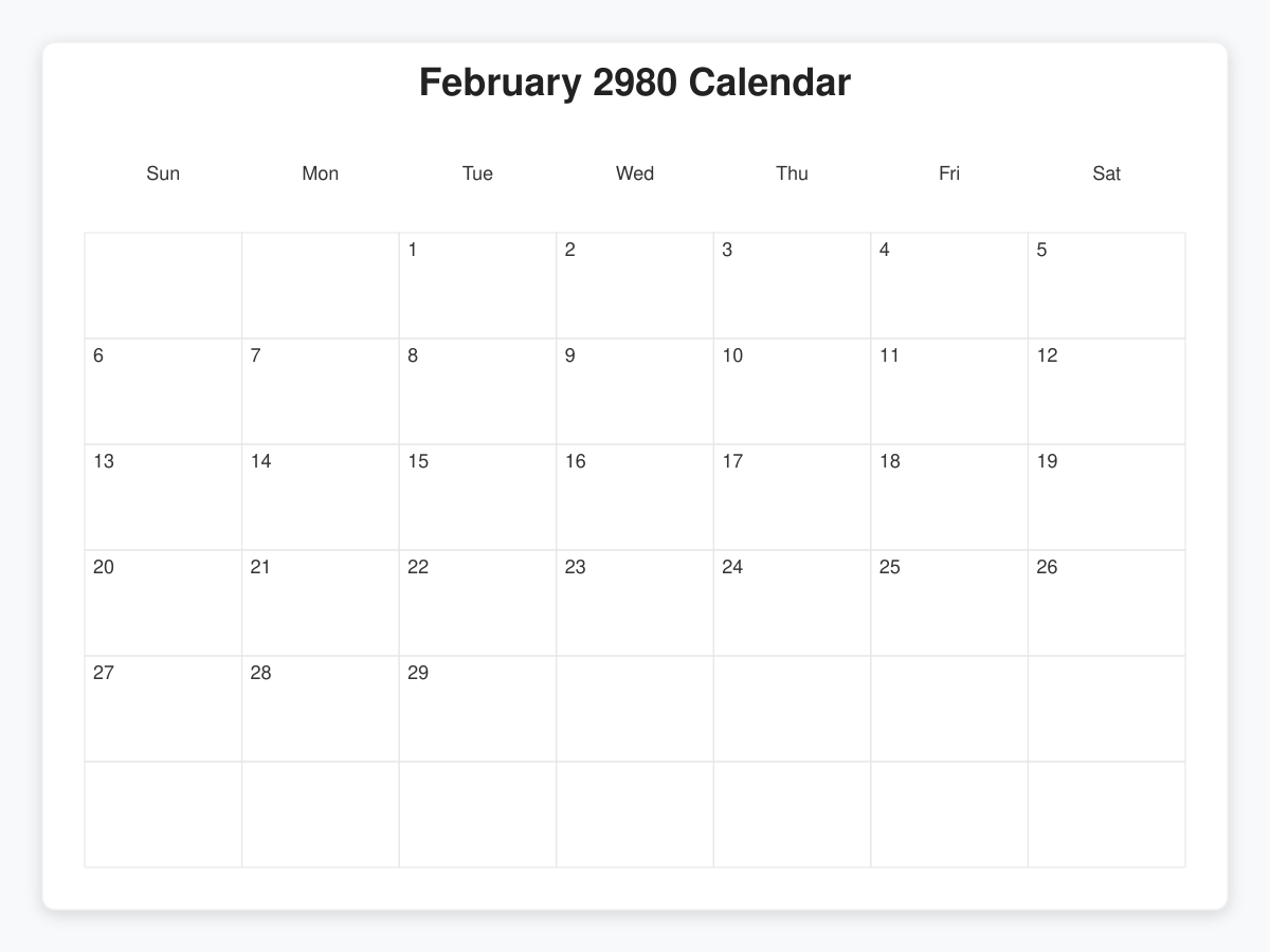 Printable February 2980 Calendars