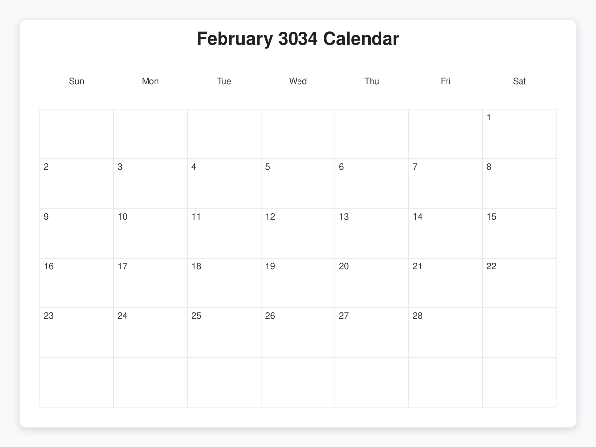 Printable February 3034 Calendars