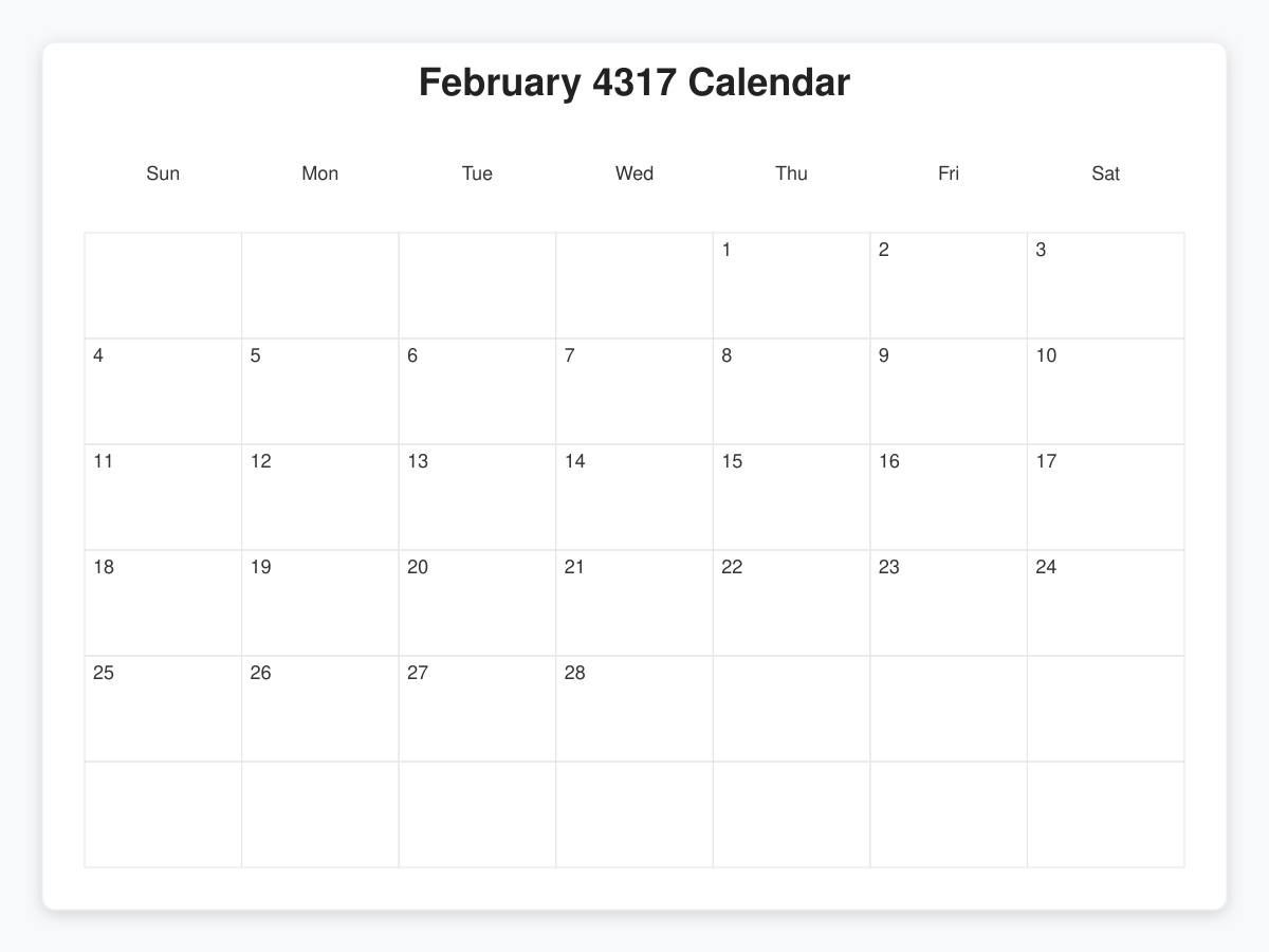 Printable February 4317 Calendars