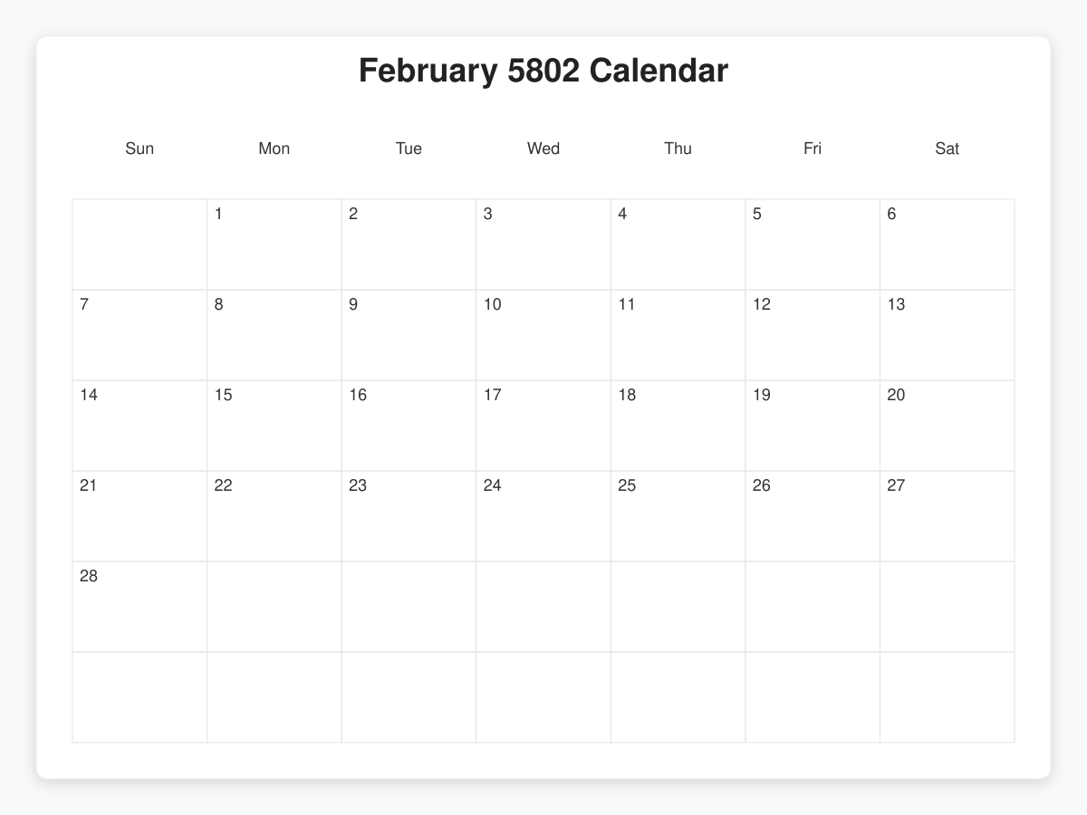 Printable February 5802 Calendars