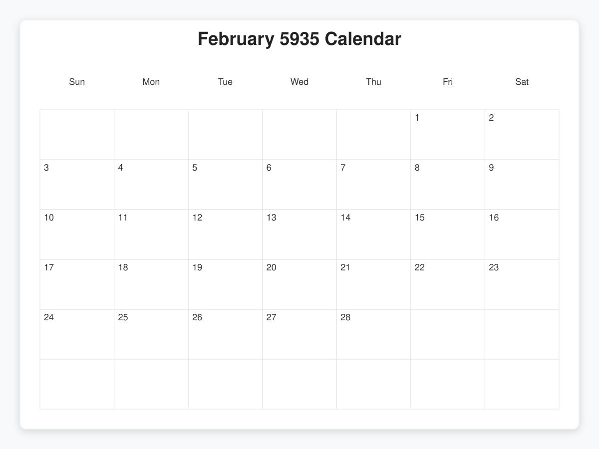 Printable February 5935 Calendars