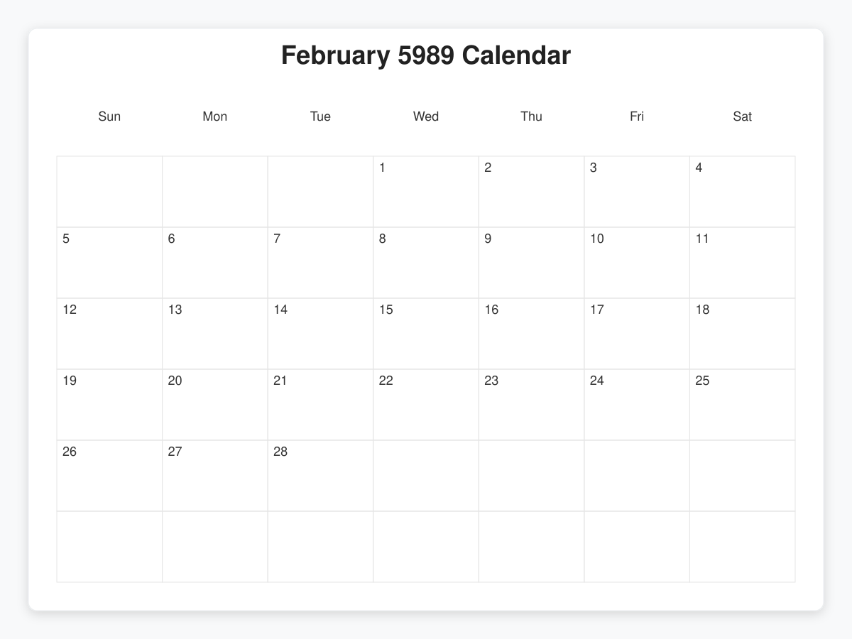 Printable February 5989 Calendars